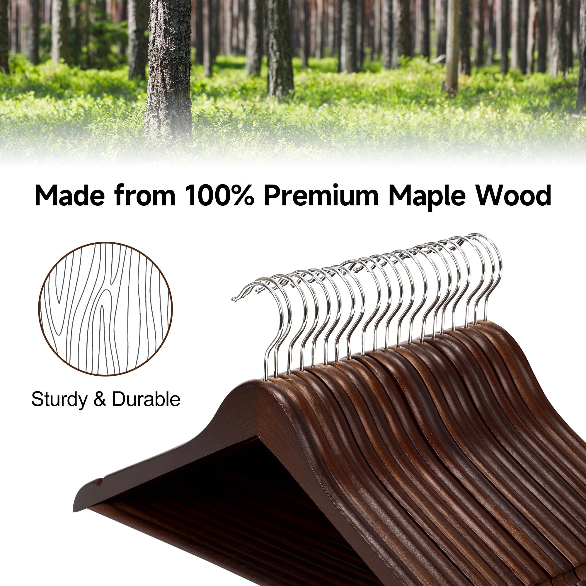 Premium Wooden Clothes Hangers 20-Pack - Natural Walnut Finish for Coats, Shirts, Jackets, Pants & Suits - Space-Saving Closet Organization for Home, Office & Retail Stores
