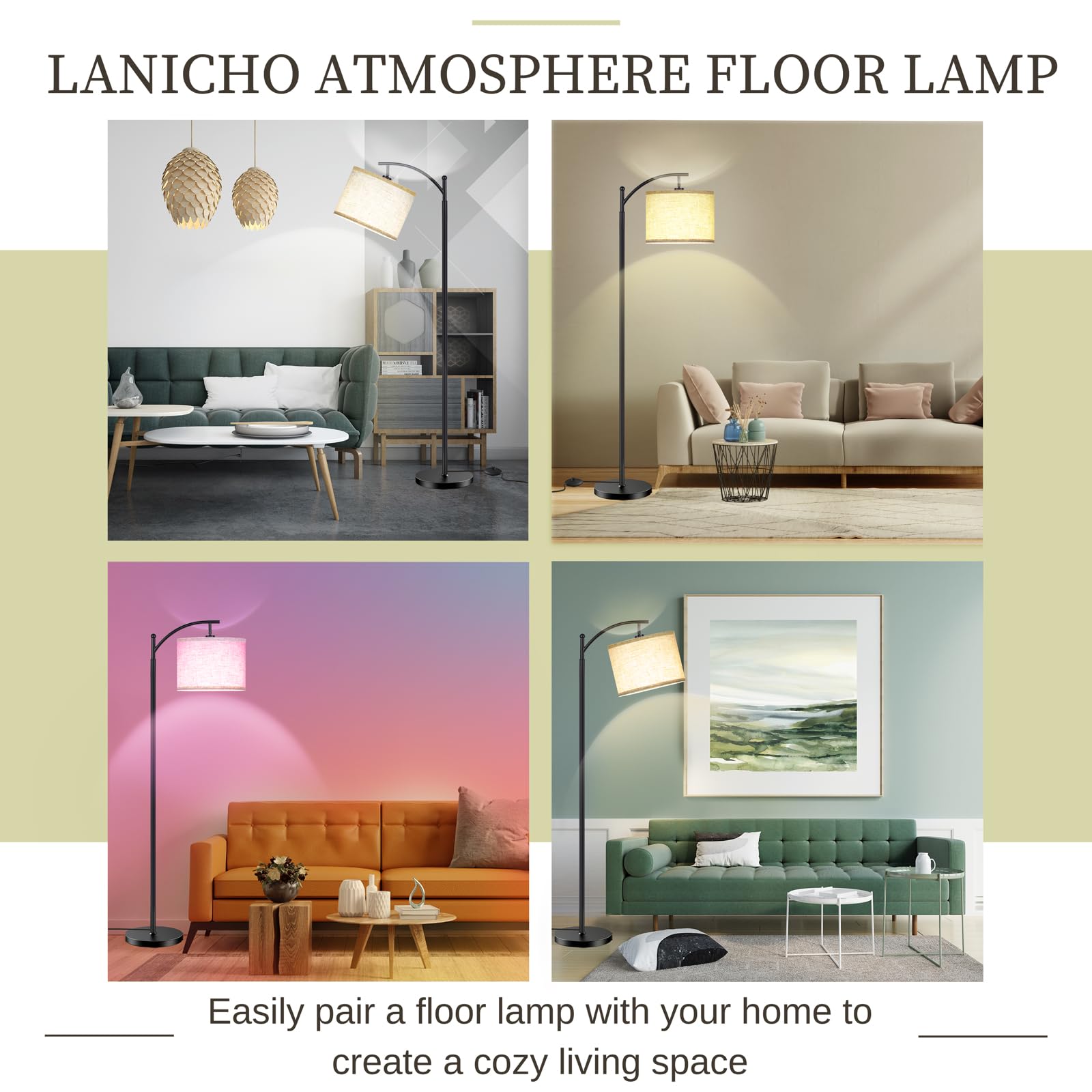 LANICHO Smart LED Floor Lamp - Dimmable Industrial Arc Standing Light with Alexa & Google Home Compatibility - Modern Reading Lamp for Living Room, Bedroom (Black) | Perfect for Cozy Reading Nooks & Contemporary Home Decor