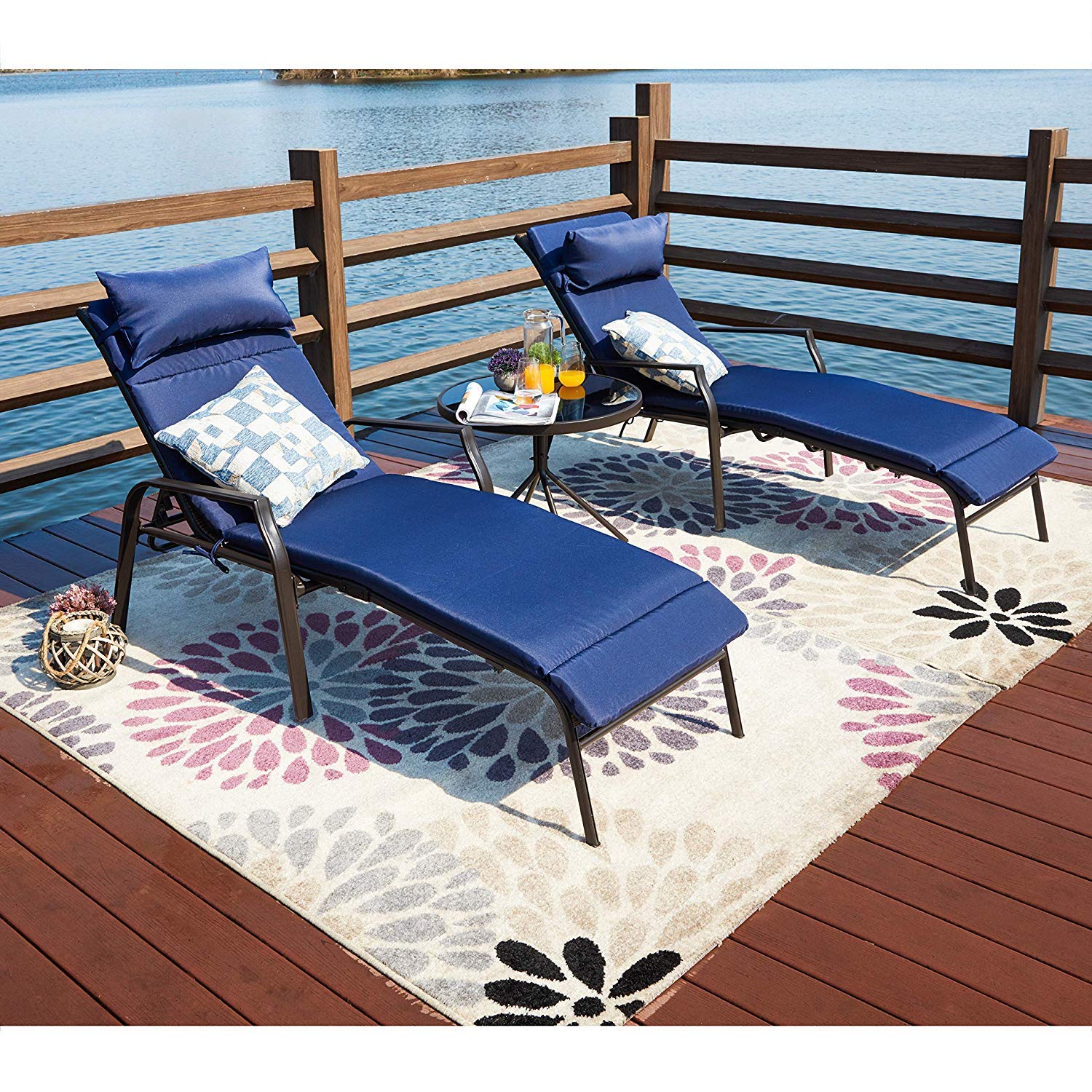 Premium Outdoor Lounge Chair Set - Adjustable Metal Patio Chaise Lounge with Folding Table (3-Piece, Blue) for Backyard, Poolside, Beach & Camping Comfort