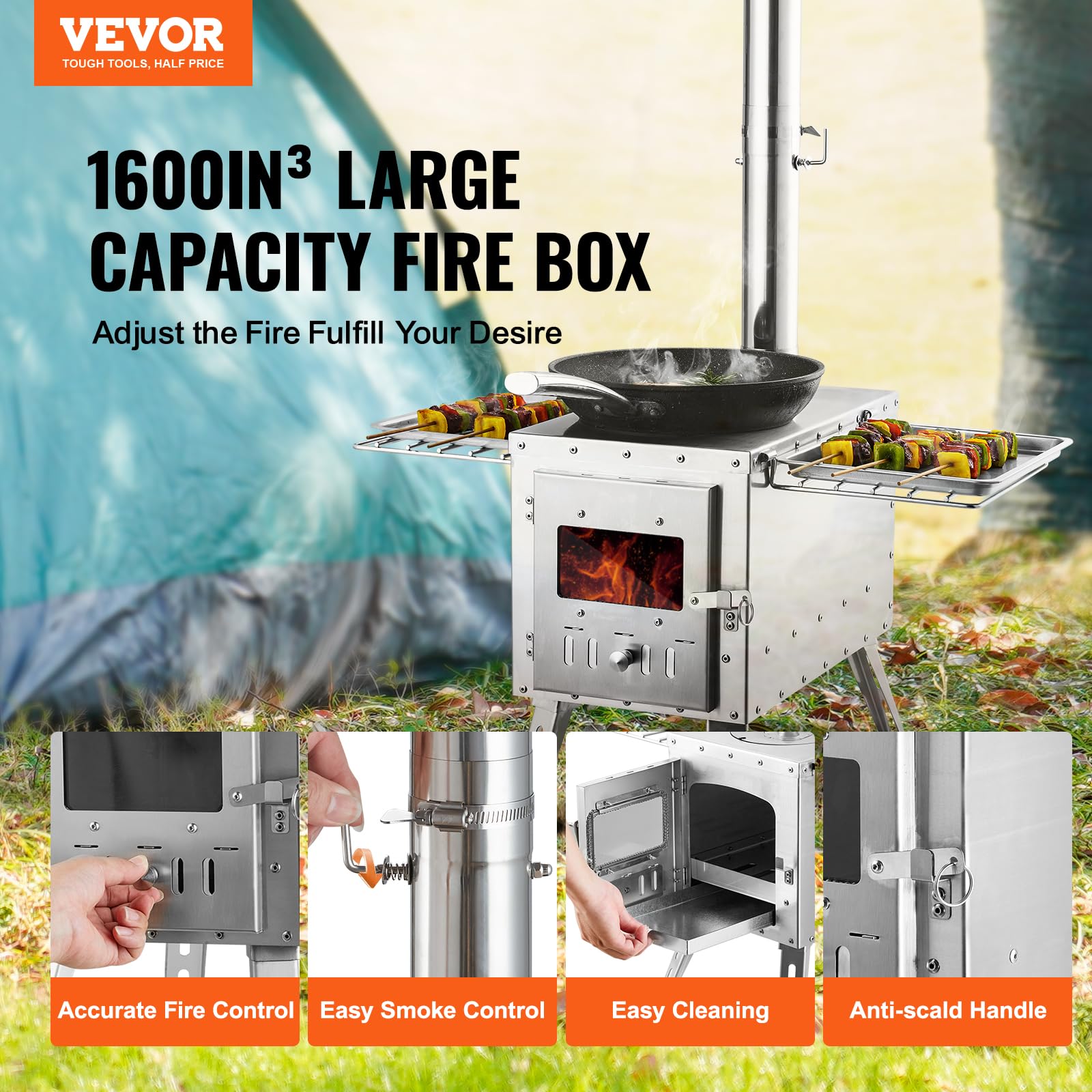 VEVOR Portable Stainless Steel Wood Burning Stove for Camping - 1646in³ Firebox with Chimney Pipes & Heat Resistant Gloves - Outdoor Tent Stove for Cooking, Heating, Survival & Bushcraft - Perfect for Hot Tents, Cabins, Hunting Trips & Emergency Preparedness