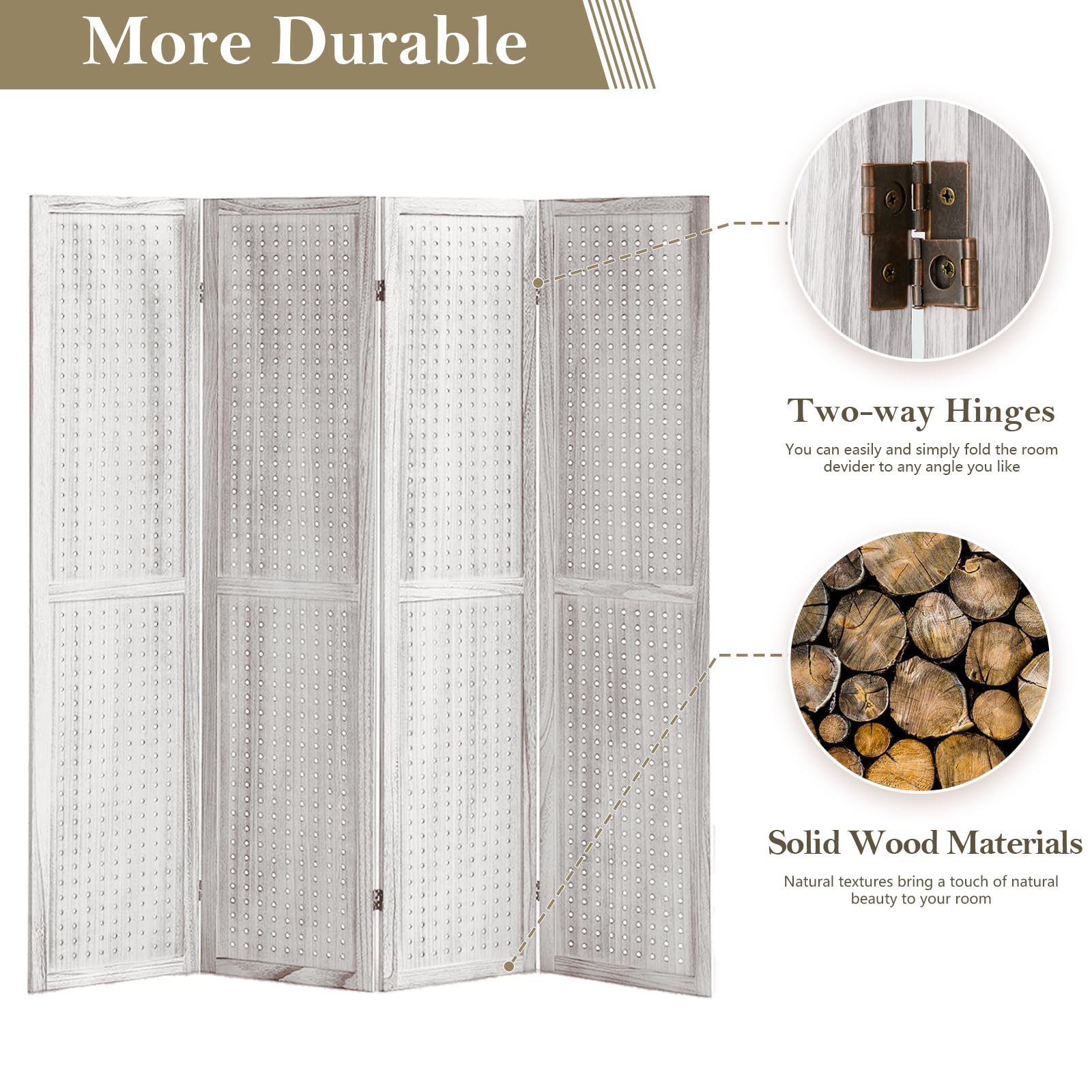 4 Panel Wooden Room Divider - 5.6Ft Folding Privacy Screen & Pegboard Display for Bedroom, Store, Jewelry Organizer | Portable Partition for Home Office, Retail Shop & Event Booth (White)