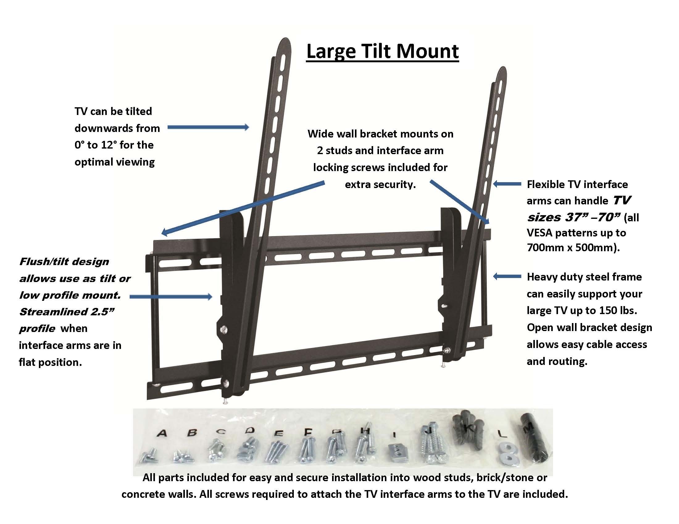 Rocelco LTM Large Tilt TV Wall Mount Bracket for 37-70 Inch TVs up to 150 lbs - Full Motion Articulating Arm, VESA 600x400, Black - Perfect for Living Room, Bedroom, or Home Theater Installation