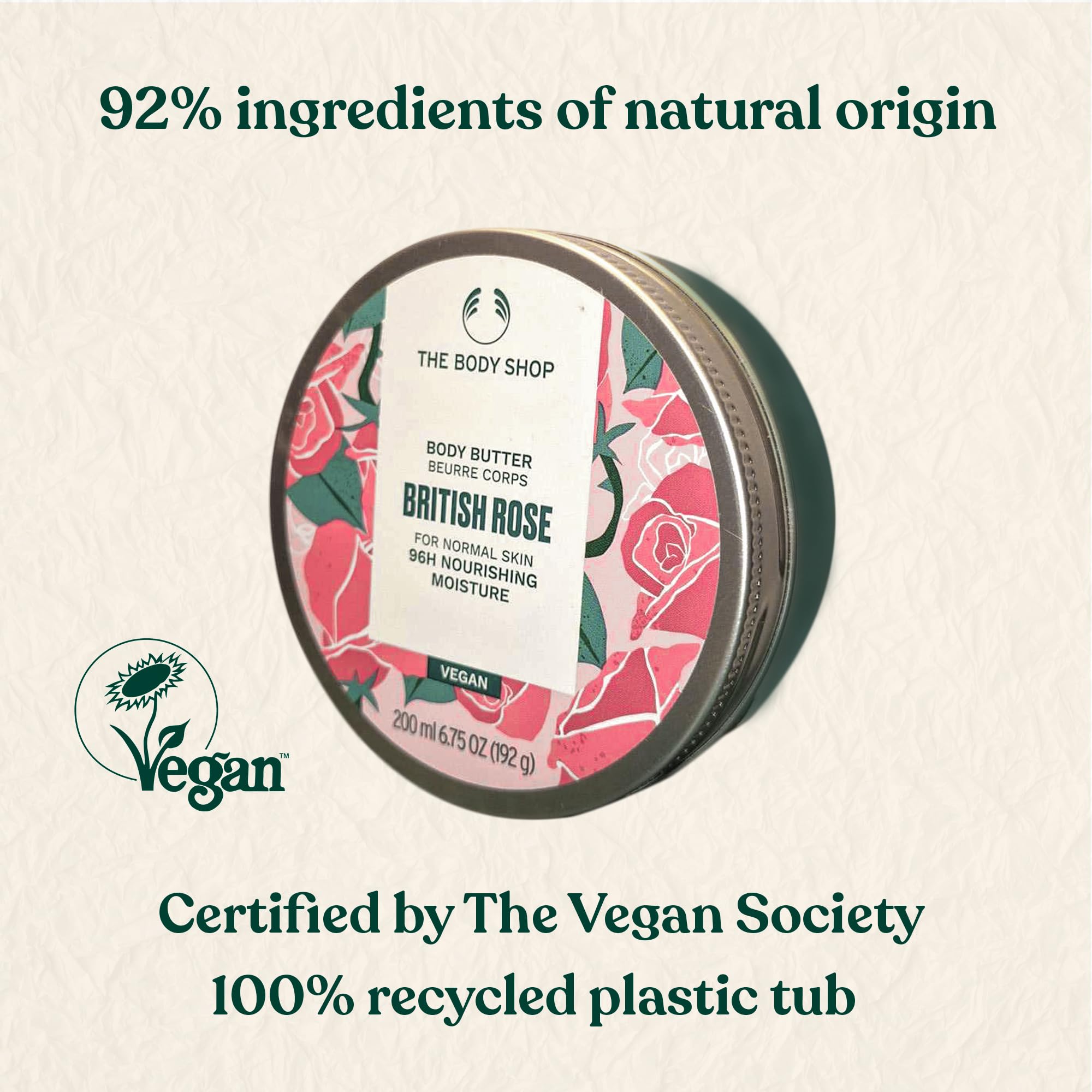 The Body Shop Vegan British Rose Body Butter, 200ml - 96 Hour Hydration for Normal to Dry Skin | Cruelty-Free & Vegan | Perfect for Daily Moisturizing & Nighttime Skincare Routine