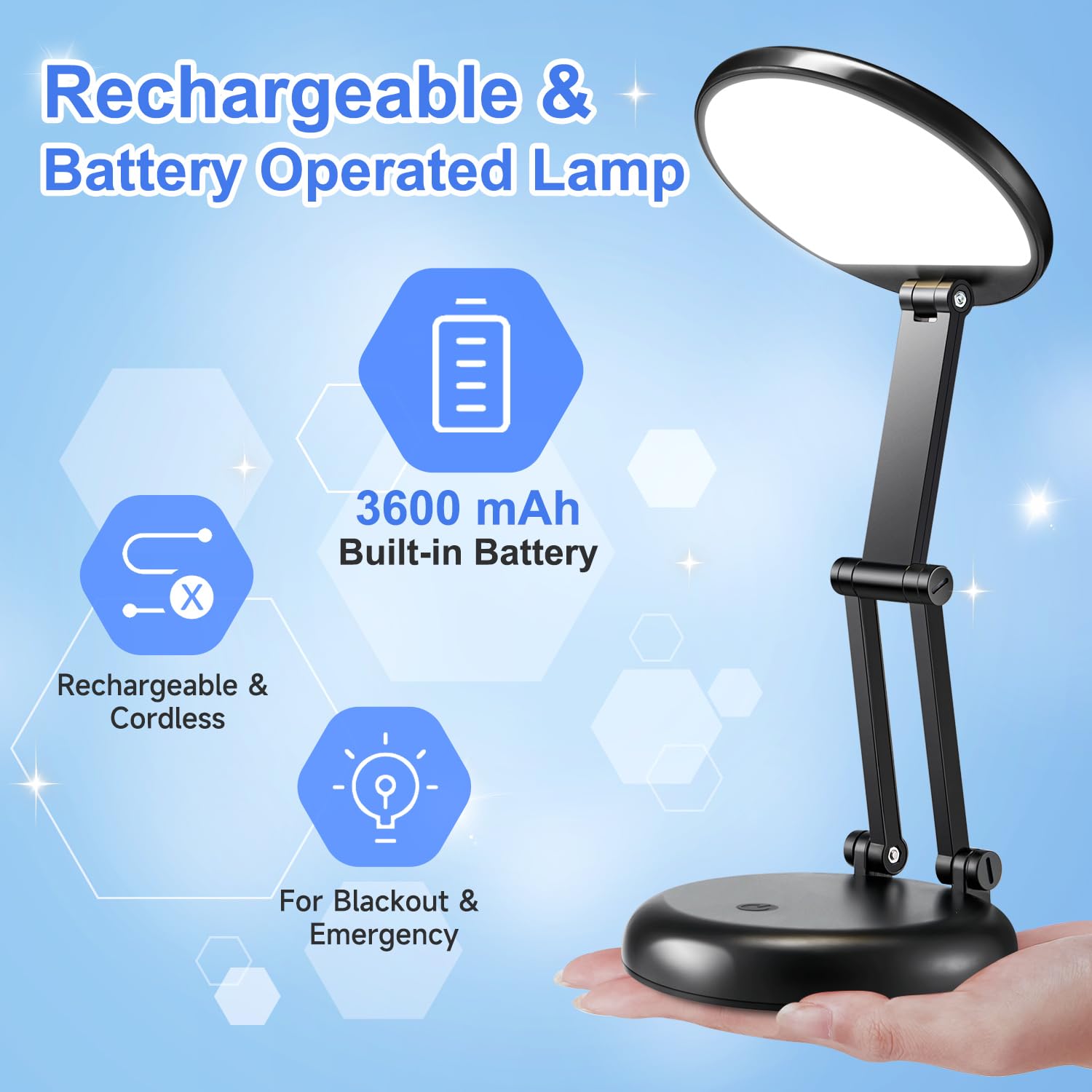 Rechargeable LED Desk Lamp - 3600mAh Battery, Foldable & Cordless, 9 Dimmable Brightness Levels, Portable Table Light for Home Office, Reading, Study and Nightstand Use