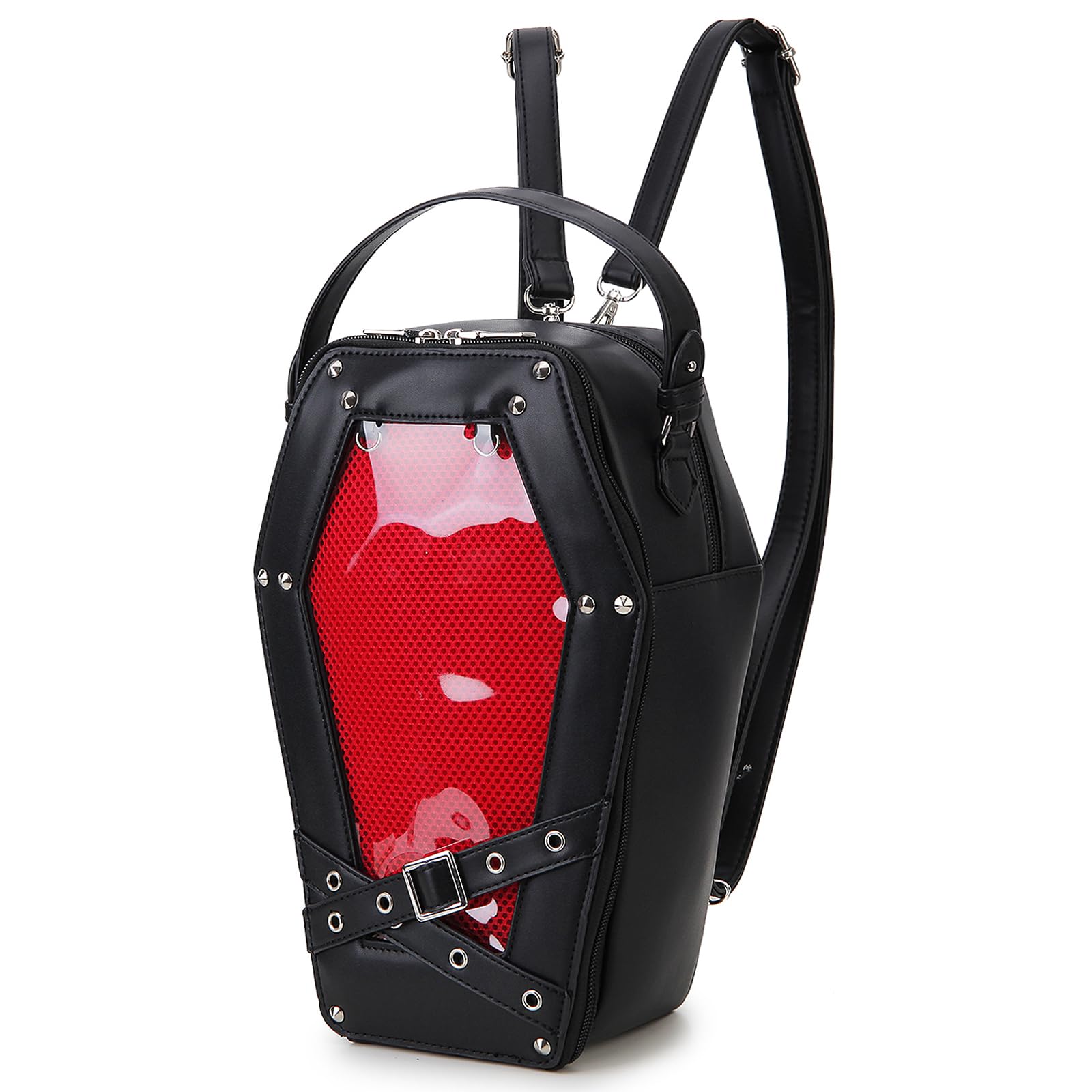 Gothic Coffin Shaped Ita Backpack with Clear Window - Women's Stylish Handbag & Crossbody Bag for Pin Display (Pins Not Included) - Perfect for Cosplay, Gothic Fashion, and Alternative Style Outfits