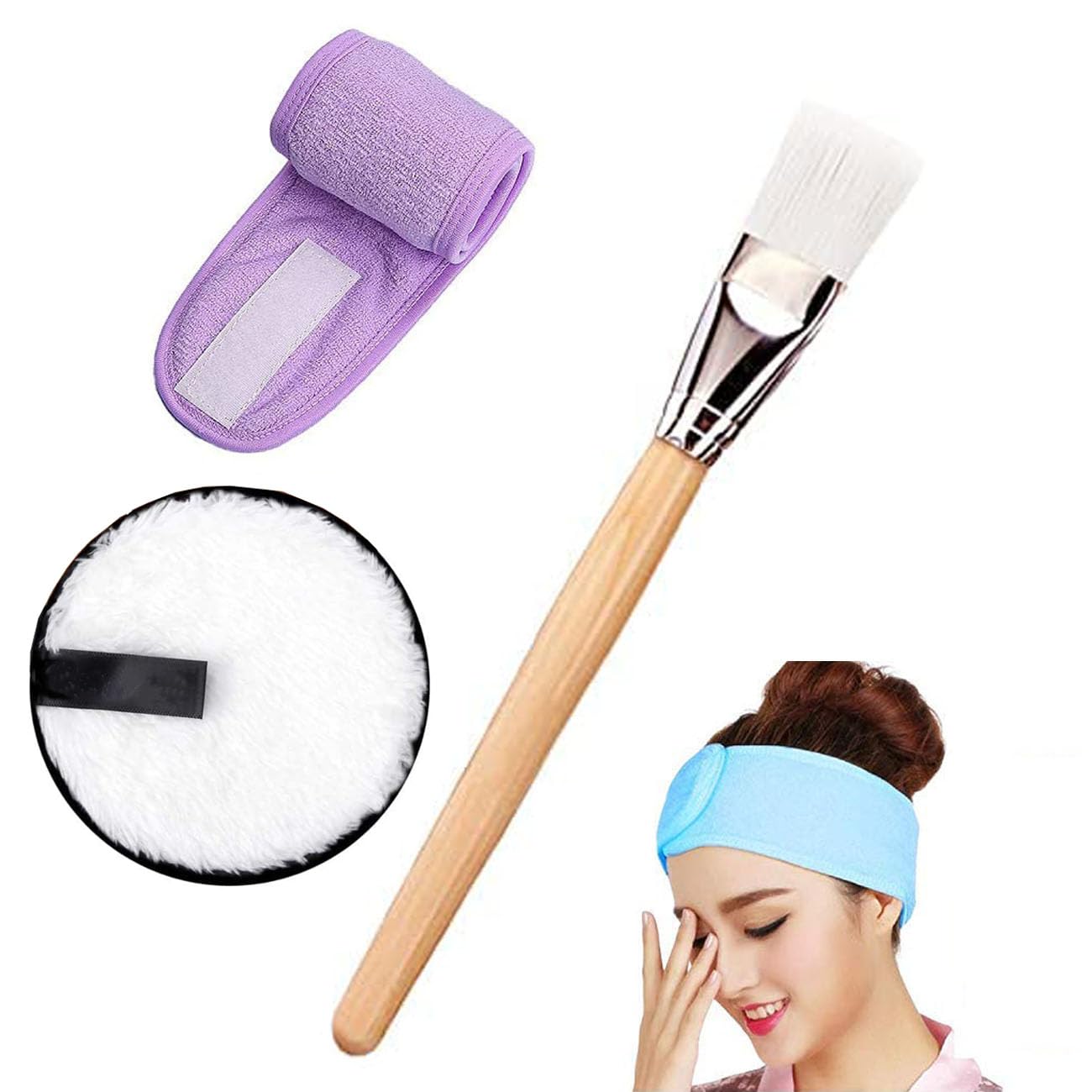 AKADO Facial Wooden Brush Set with Headband & 2 Reusable Makeup Remover Sponges | Professional Spa Quality Face Cleansing Tools for Skincare, Makeup Removal & Facial Mask Application | Perfect for Home Beauty Routine & Salon Treatments (3-Piece Kit)