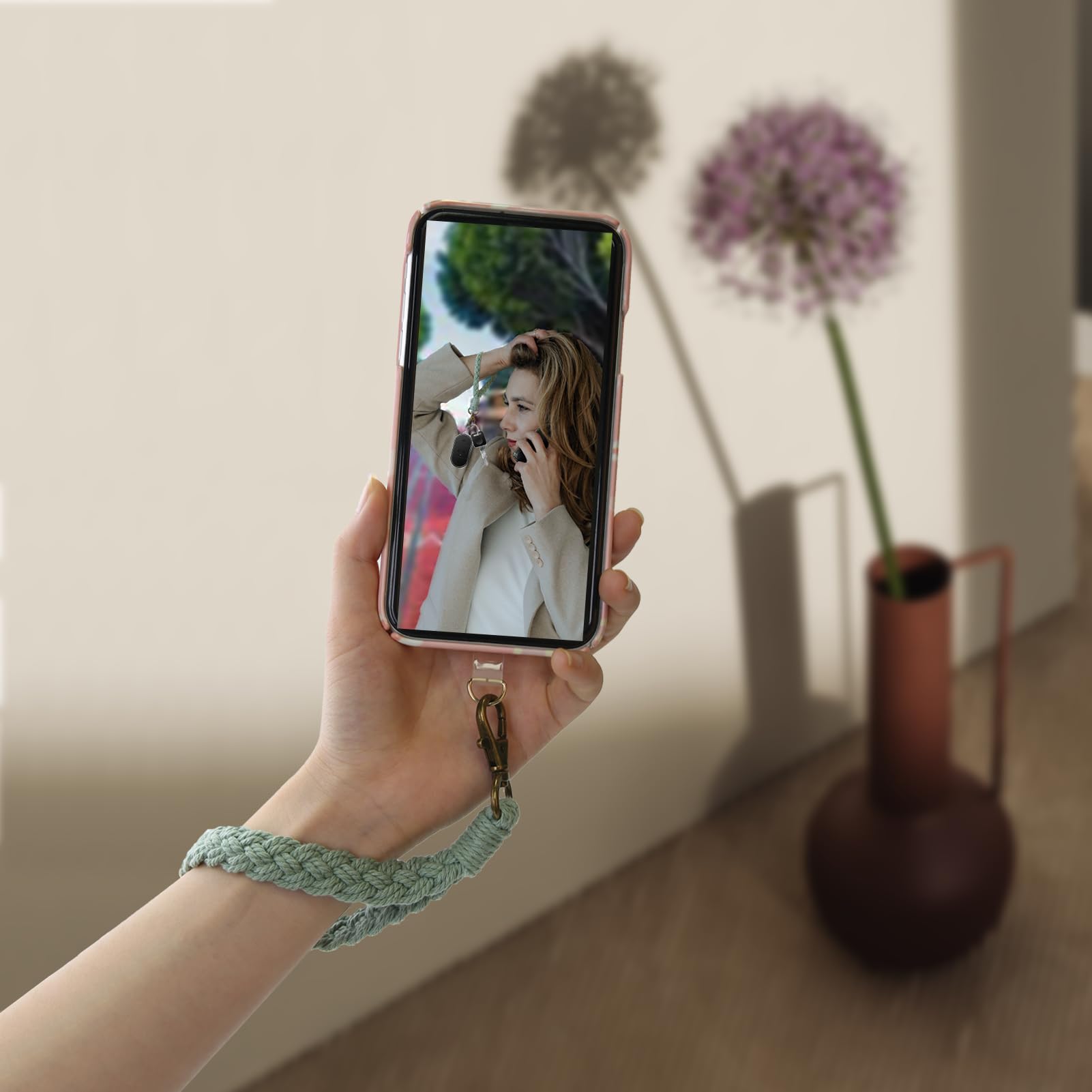 Boho Macrame Phone Wrist Strap - Anti-Loss Phone Lanyard with Tether Tab, Adjustable Phone Bracelet Strap (Green & White Set) for iPhone, Samsung, Smartphones - Perfect for Travel, Shopping, Outdoor Activities