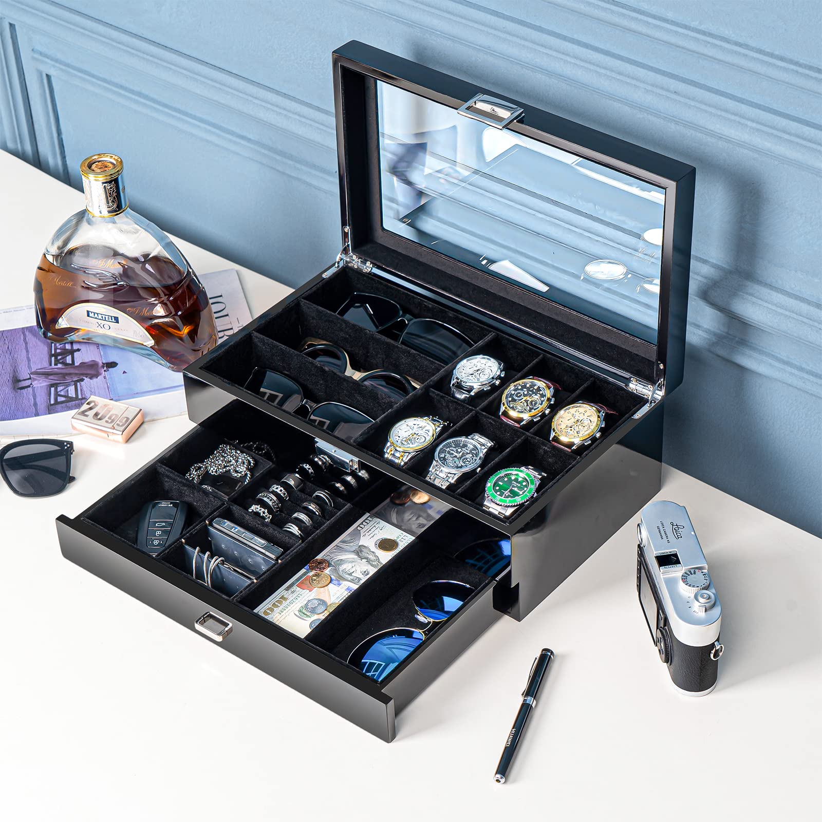 ProCase Wooden Jewelry Box for Men - 2-Tier Watch Holder & Sunglasses Organizer with Clear Glass Top & Storage Drawer - Perfect for Dresser Top Display & Travel Accessory Storage (Black)