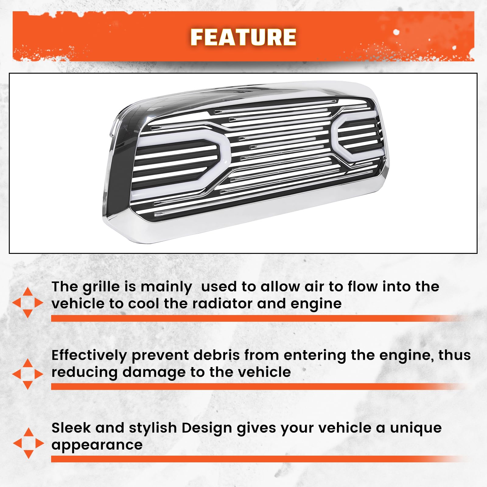 ECOTRIC Chrome Front Grill with LED Light Compatible with 2013-2018 Dodge RAM 1500 | Big Horn Hood Grille Replacement Shell | Perfect for Off-Road & Truck Customization