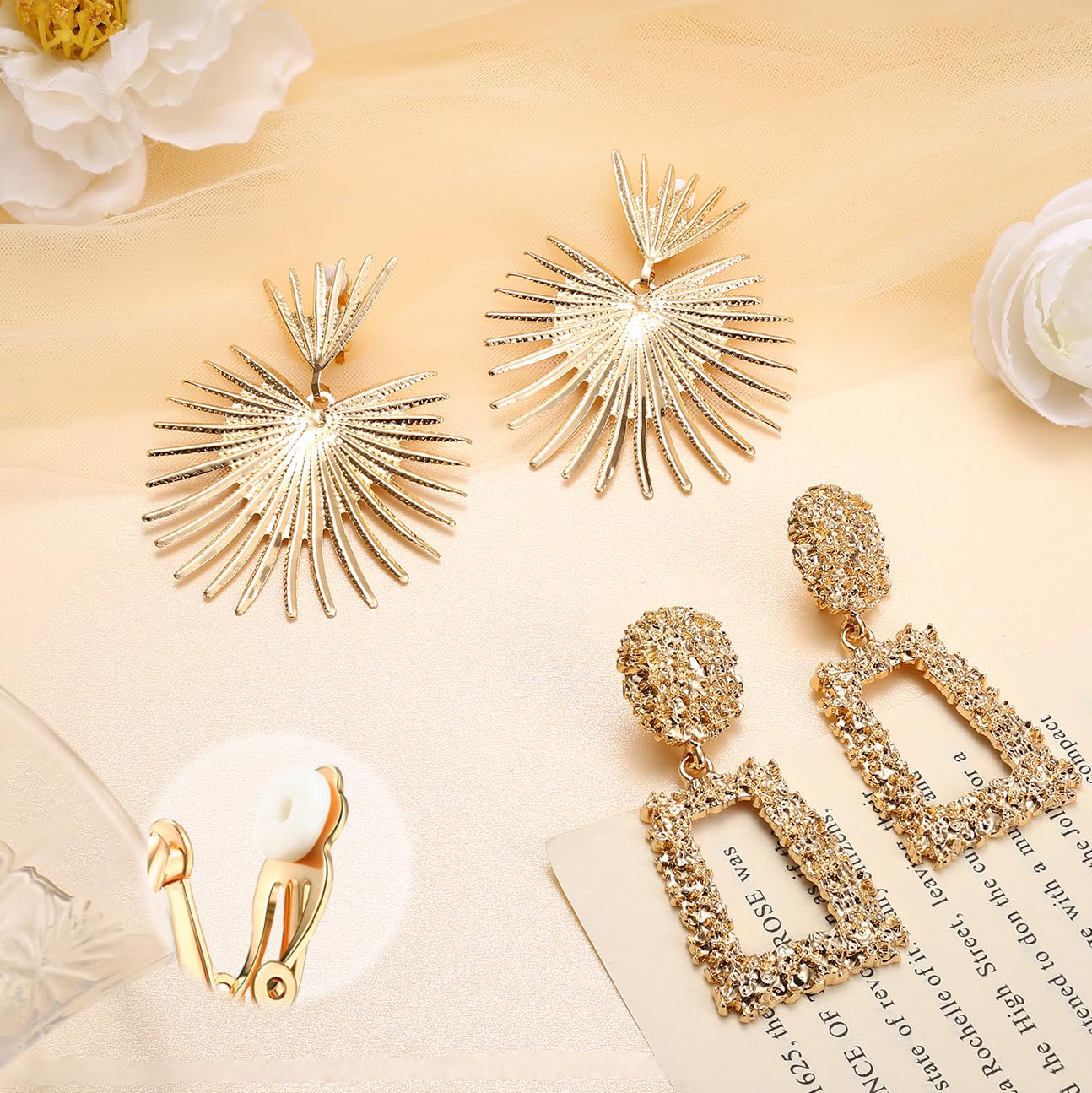 ORAZIO 9 Pairs Gold Clip On Earrings for Women - Statement Geometric Leaf & Trapezoid Dangle Earrings - Non-Pierced Retro Drop Earrings for Parties, Weddings & Special Occasions