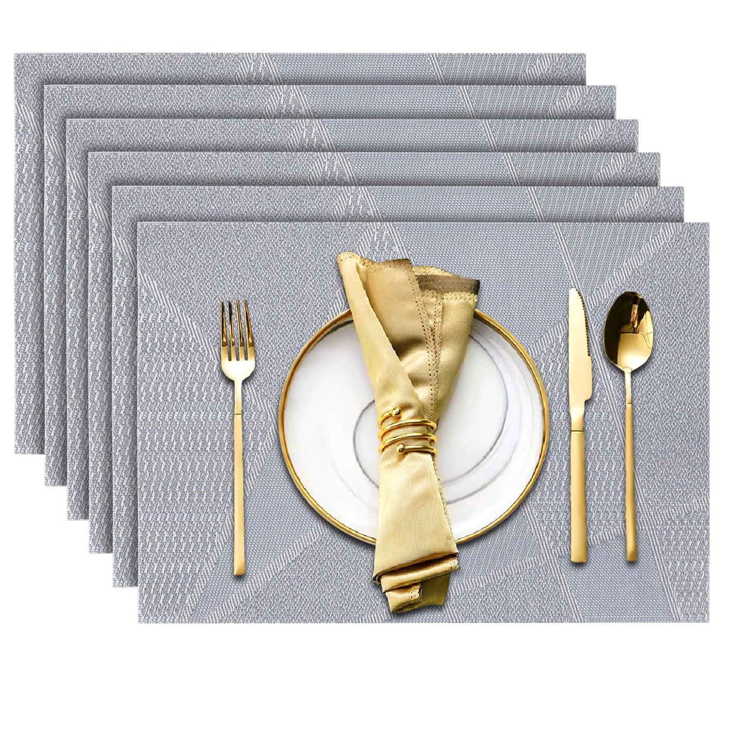 6-Pack Heat Resistant Woven PVC Placemats - Non-Slip, Stain Resistant & Washable Vinyl Table Mats for Kitchen Dining - Light Blue - Perfect for Everyday Meals, Dinner Parties & Holiday Gatherings