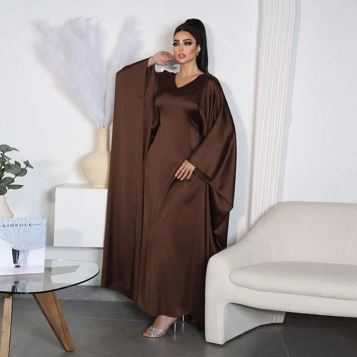 Elegant Coffee Satin Batwing Sleeve Farasha Abaya Dress for Women - Modest Islamic Fashion for Prayer, Wedding & Special Occasions