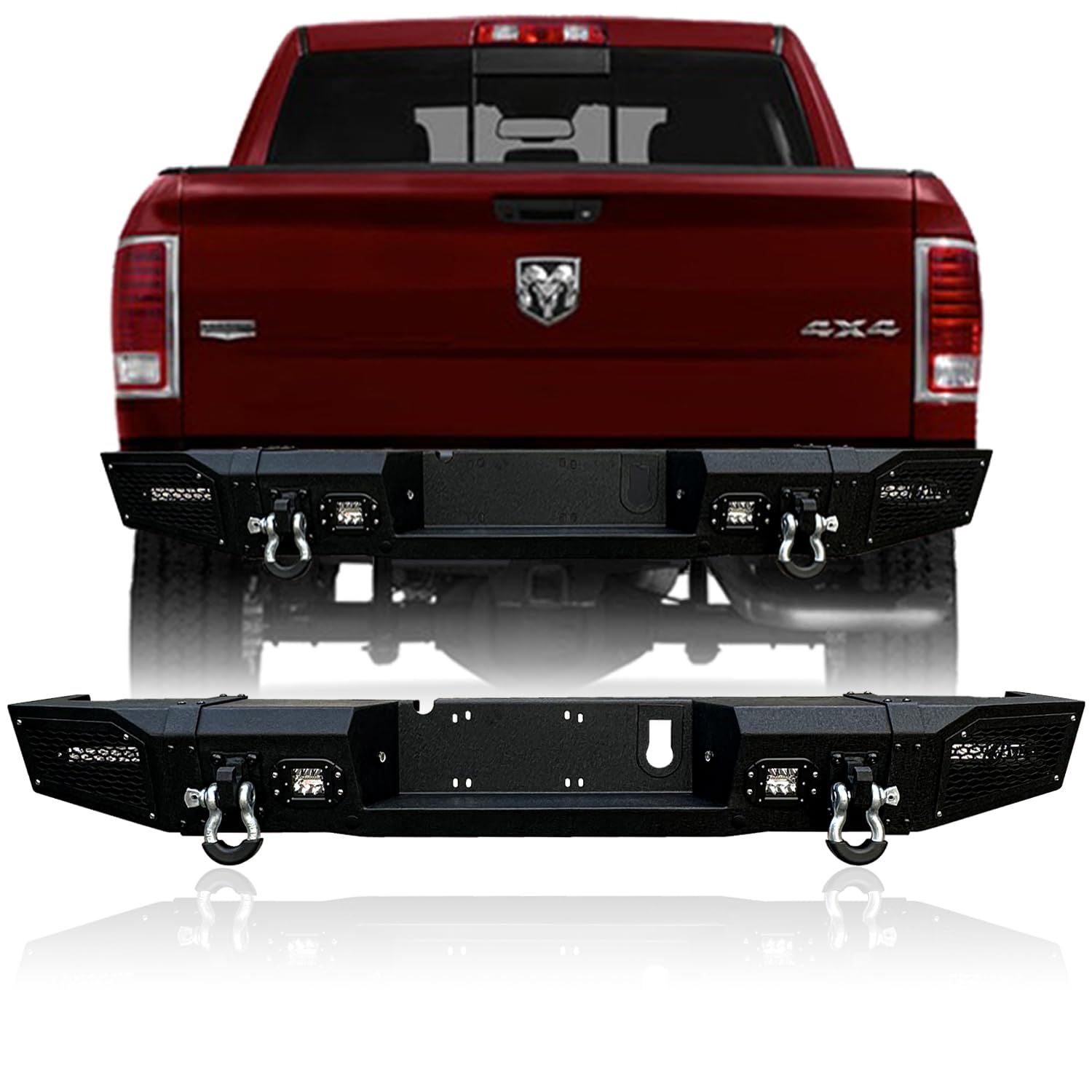 Black Textured Rear Bumper with 4 LED Lights & 2 D-Rings for 2010-2018 Dodge RAM 2500/3500 Trucks - Heavy Duty Protection & Off-Road Towing Accessory