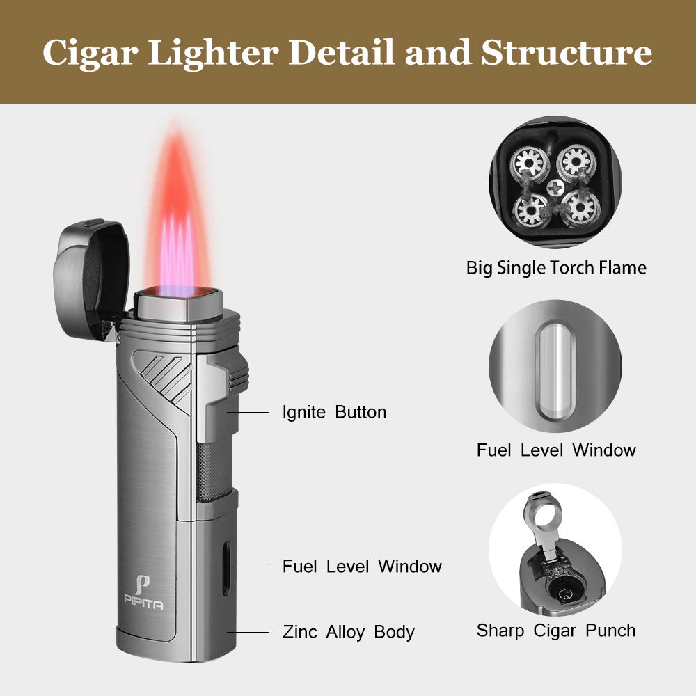 PIPITA Windproof Jet Quad Flame Torch Lighter for Cigars & Cigarettes - Refillable Butane Lighter with Punch Tool for Outdoor Use
