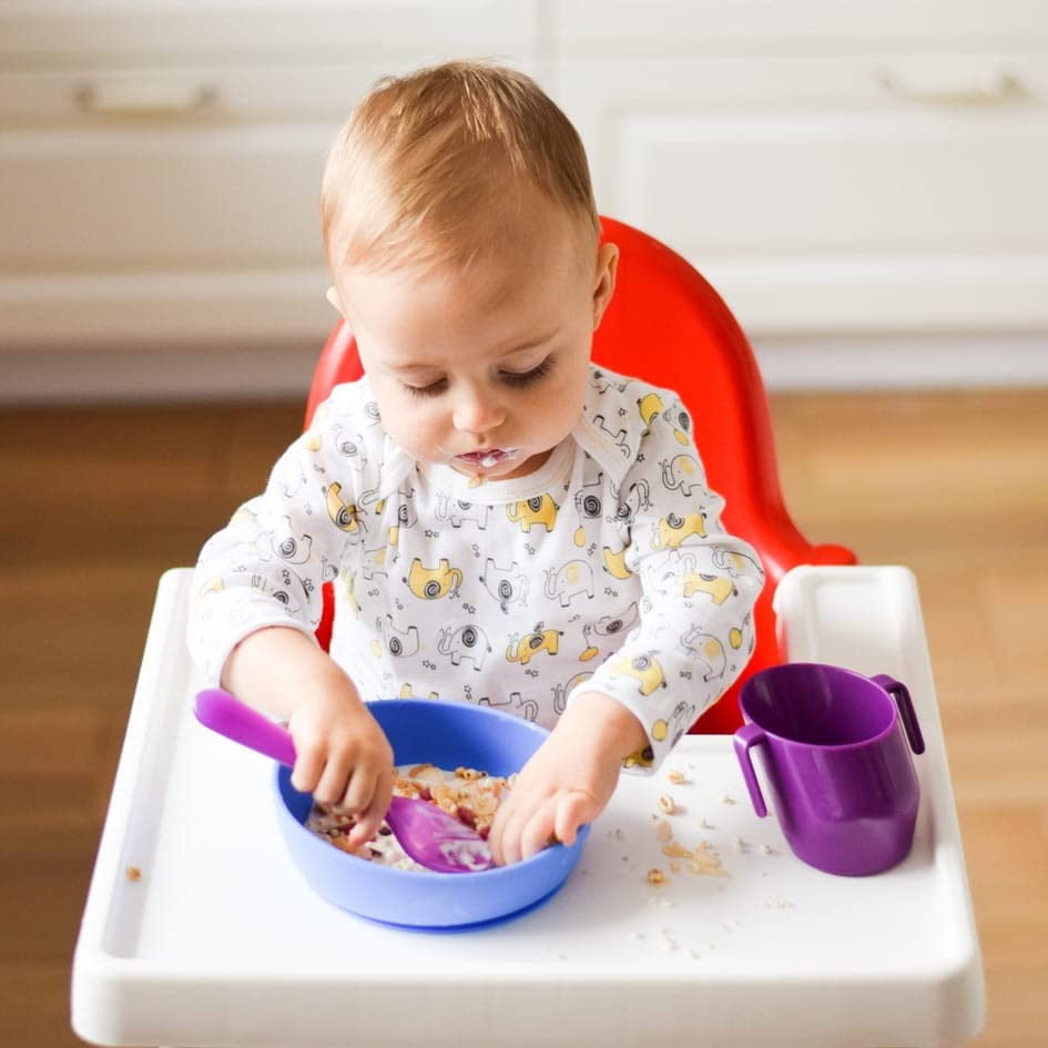 Doidy Baby Bowl 350ml - BPA Free Silicone Non-Slip Suction Bowl for Baby Weaning, Self Feeding Training & Learning to Eat - Perfect for Baby Food, Snacks & Mealtime Essentials (6+ Months, Blue) - Ideal for Highchair, Table & Travel Use