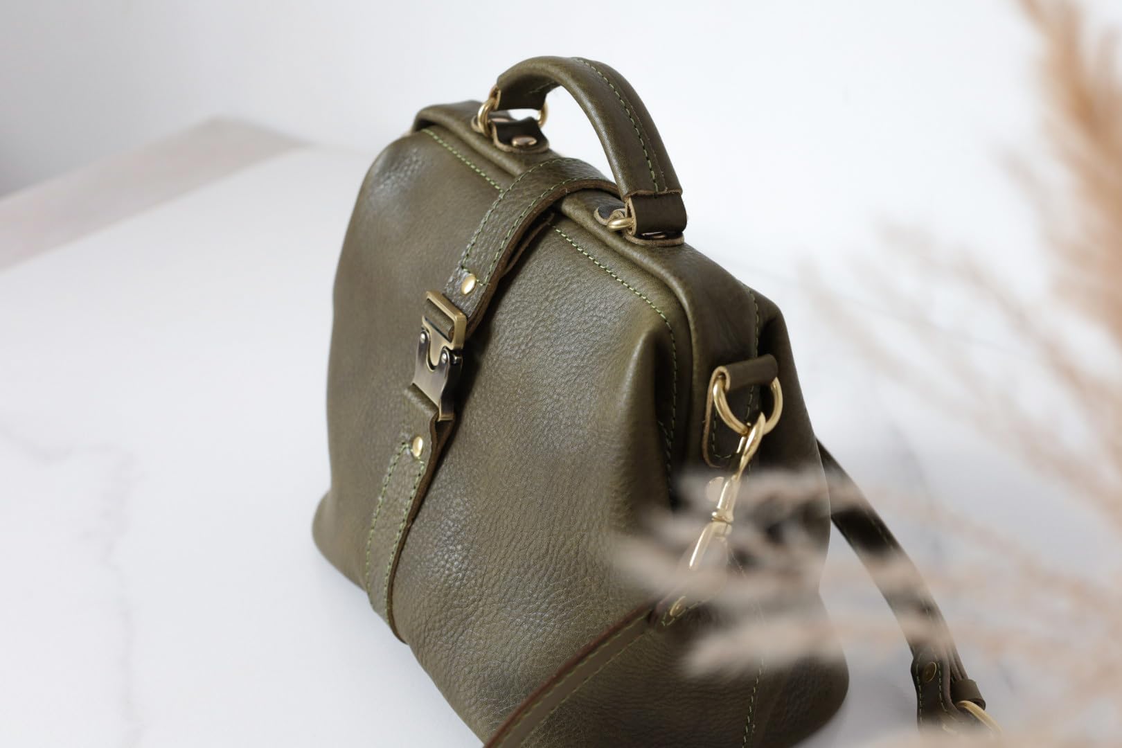 Soft Leather Doctor's Bag - Stylish Doctor Style Tote, Genuine Leather Purse, Adjustable Shoulder Strap, Monogrammable Everyday Carry Large Bag (Olive) - Perfect for Medical Professionals, Work Commute & Travel