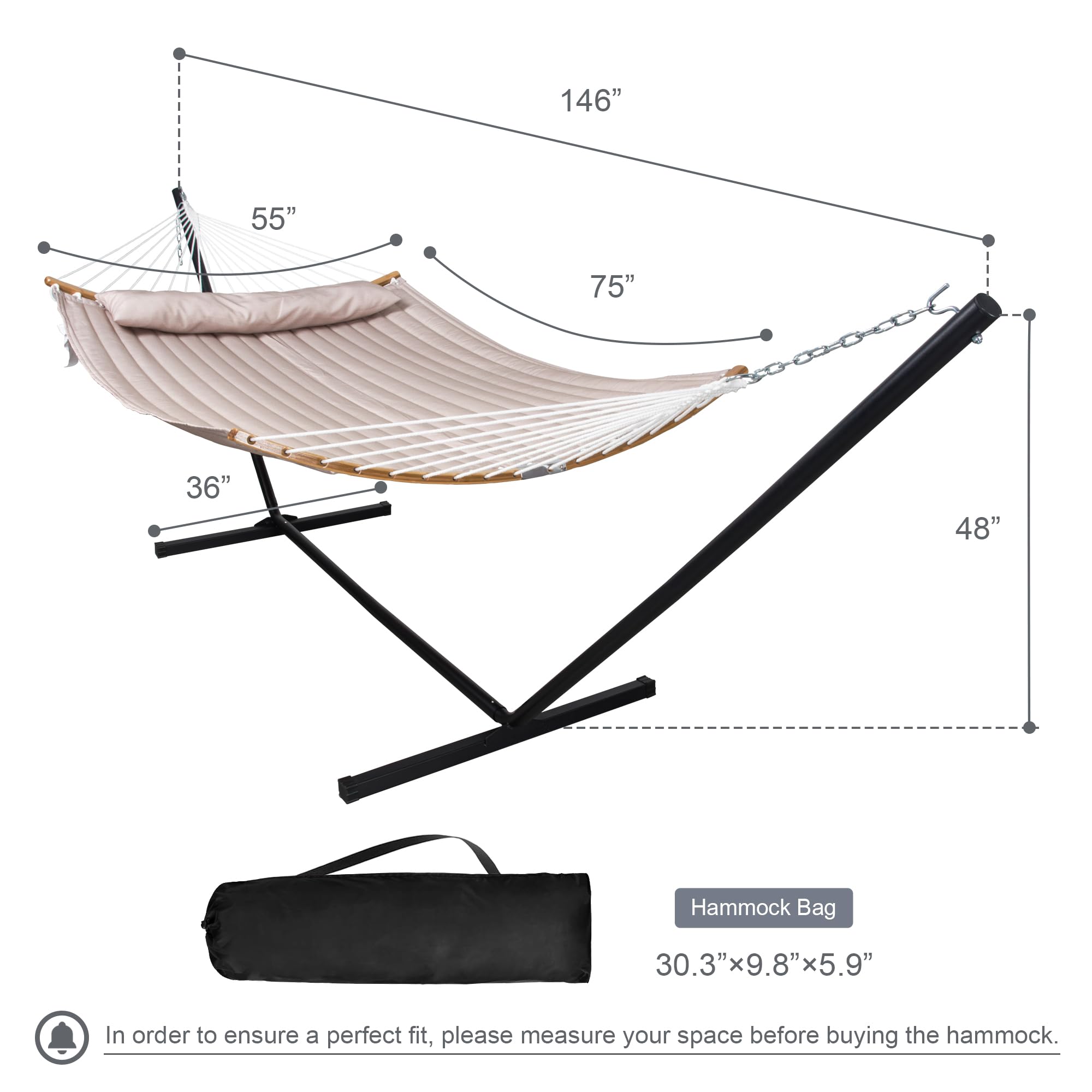 Double Hammock with 12 FT Stand - 2 Person Heavy Duty 450lbs Capacity Curved Bar Hammock Set Includes Pillow & Carrying Bag (Tan) - Perfect for Backyard, Patio, Camping & Outdoor Relaxation