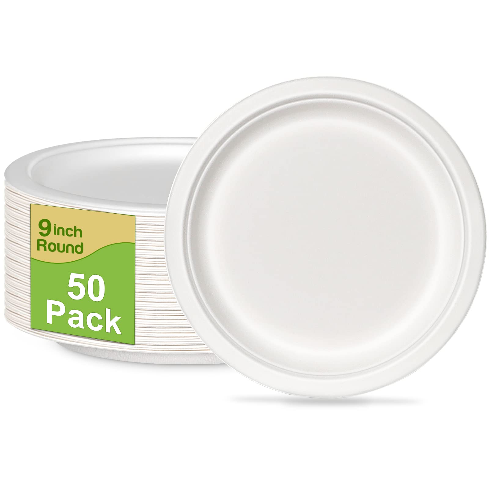 9 Inch Compostable Paper Plates - 50 Pack Heavy Duty Eco Friendly Disposable Dinner Plates for BBQ, Party, Picnic | Perfect for Outdoor Events, Family Gatherings & Sustainable Dining