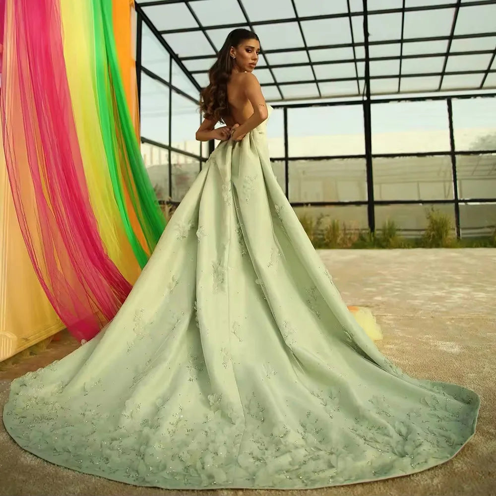 Elegant Dubai Arabic Sage Green Satin A-Line Evening Gown with Crystal Appliques for Formal Occasions - Perfect for Weddings, Galas, and Red Carpet Events