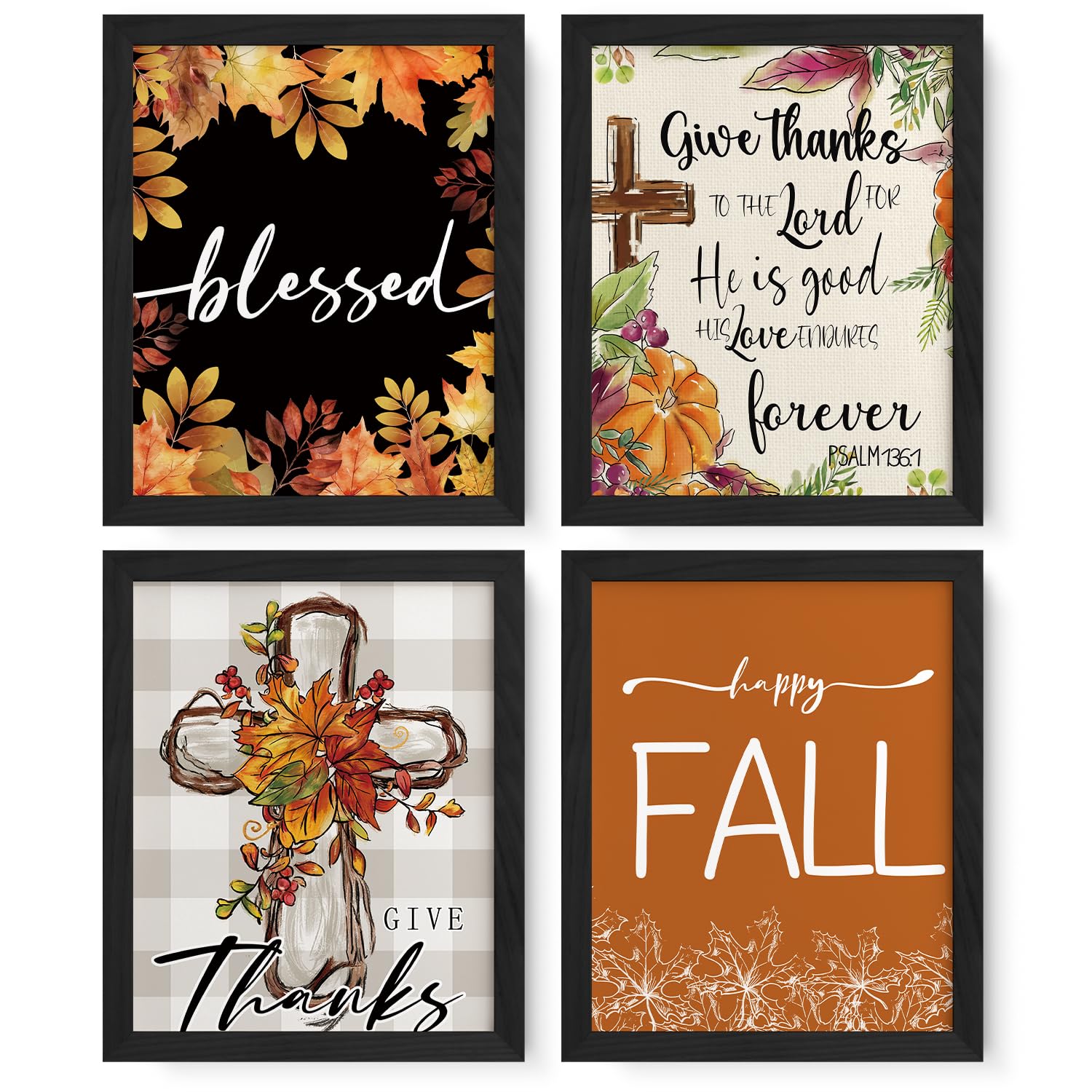 JXREQ Thankful Grateful Blessed Wall Decor - Christian Farmhouse Thanksgiving Wall Art Set (8x10 Unframed, 4Pcs) - Perfect for Home, Kitchen, Living Room & Office Decor
