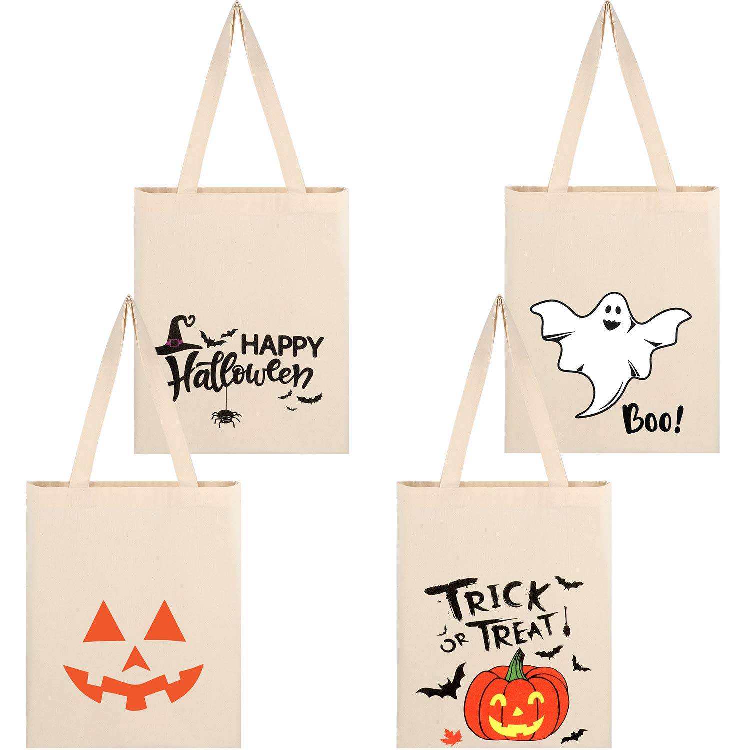 Frienda 4-Piece Halloween Trick or Treat Bags Set - 10.63'' Reusable Canvas Tote Bags with Pumpkin & Ghost Designs for Halloween Parties, Trick-or-Treating, Grocery Shopping & Everyday Use
