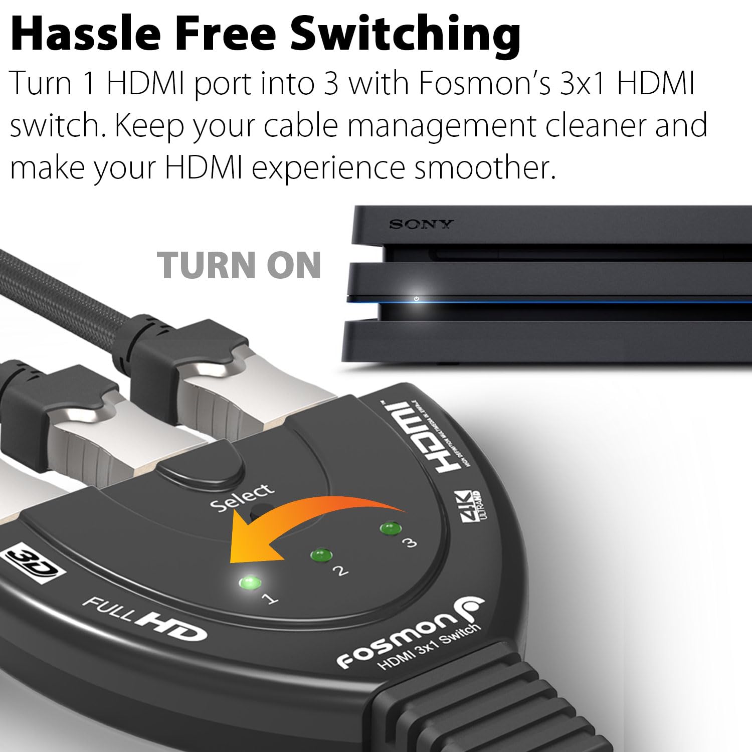 Fosmon 4K HDMI Switch 3 Port with Pigtail Cable - Supports 4K Ultra HD, HDCP, 30Hz - Compatible with HDTV, PS5, Xbox, Fire Stick - Perfect for Home Theater & Gaming Setup