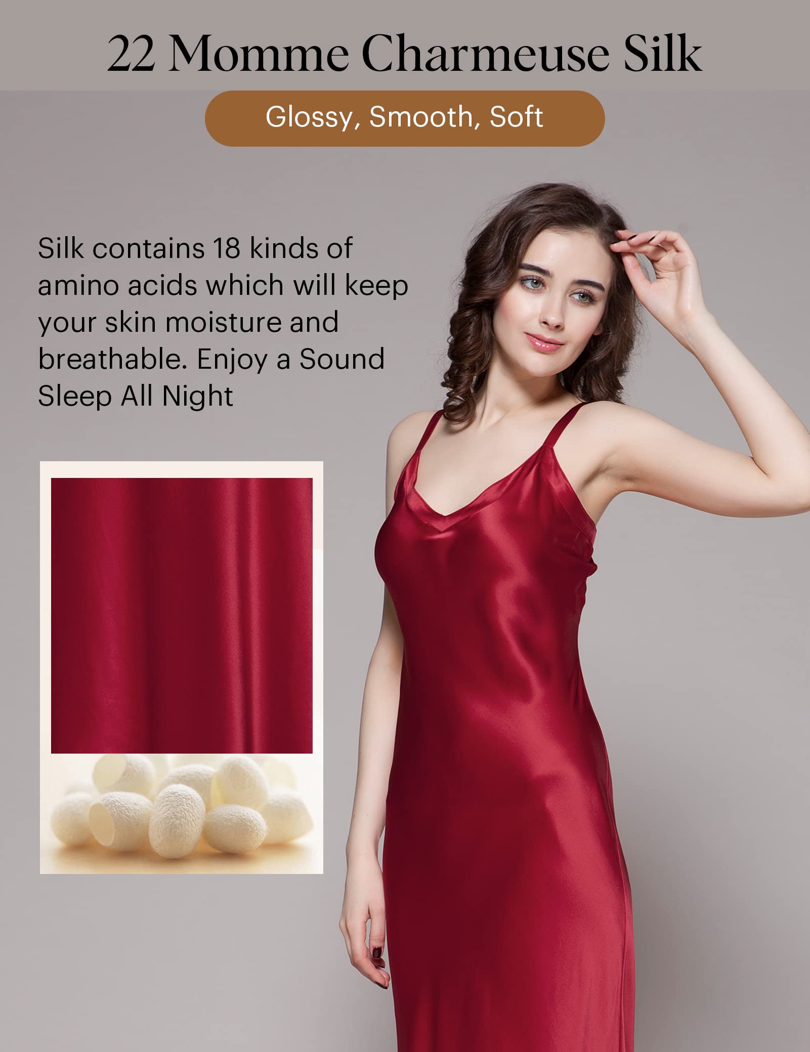 LilySilk 22 Momme 100% Pure Silk Nightgown for Women - Sleeveless V-Neck Cami Sleep Dress with Spaghetti Straps | Luxurious Long Nightwear for Comfortable Sleep & Relaxation at Home