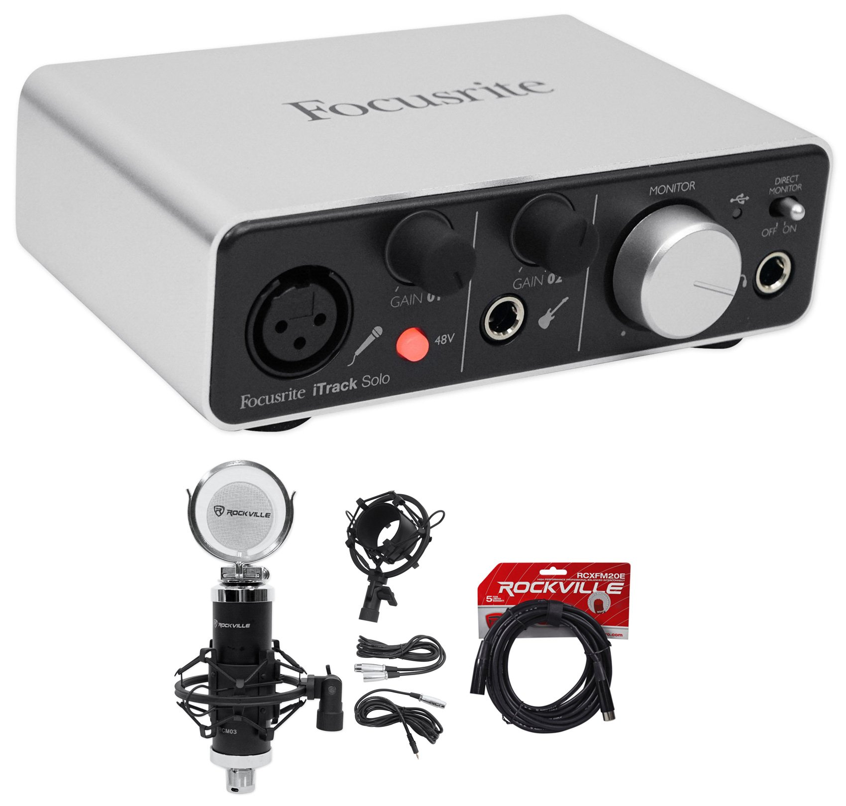 Focusrite iTrack Solo Lightning USB Audio Interface with Studio Microphone & Cable - Perfect for Podcasting, Music Recording & Home Studio Setup