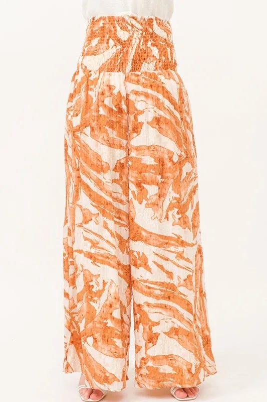 Stylish Abstract Print Smocked Waist Wide Leg Pants for Women - Comfortable & Trendy Lounge Pants for Casual Wear, Work or Travel