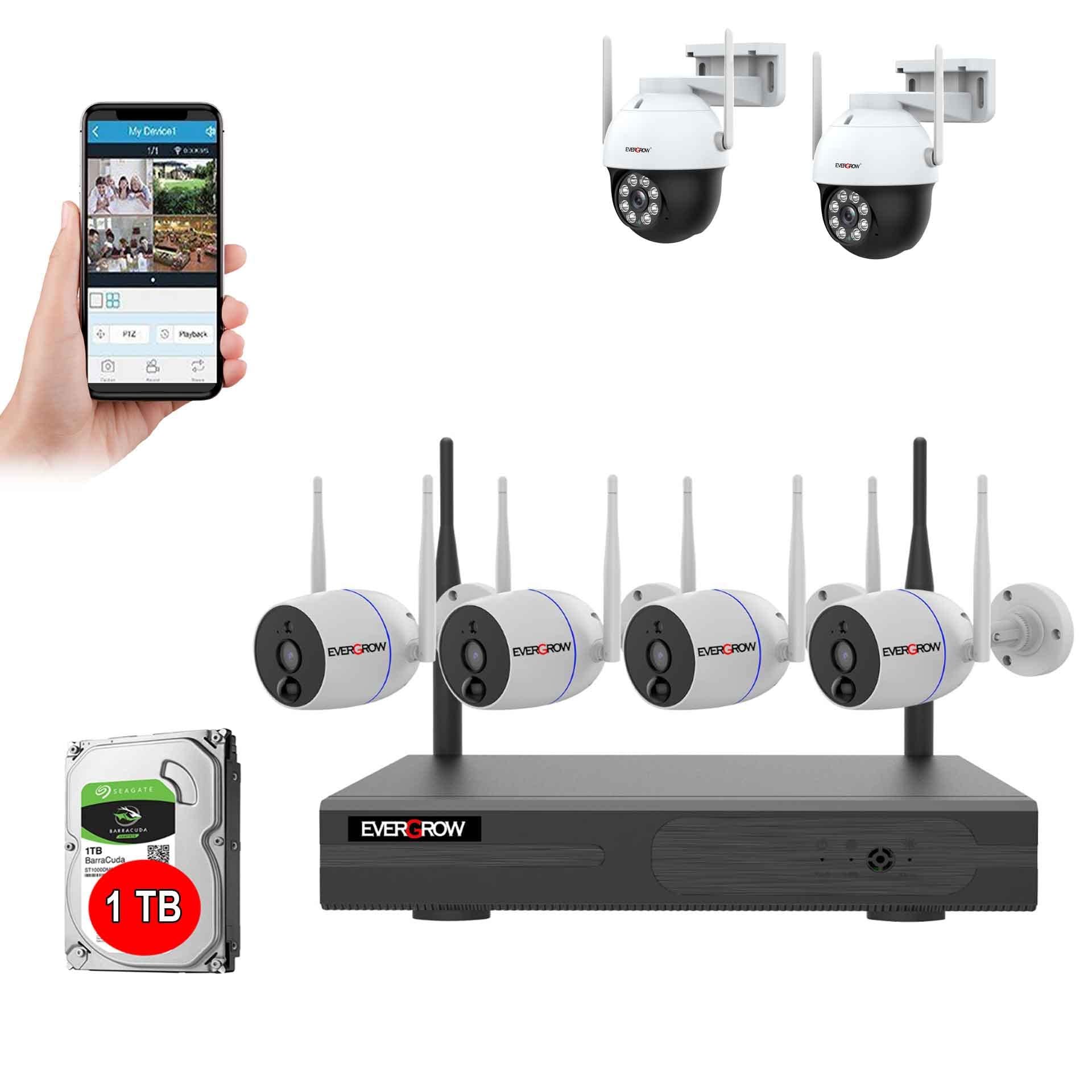 EverGrow 3MP 1296P Long Range WiFi CCTV Security System with 4K HDMI NVR, 4PCS 2.0MP Wireless IP Cameras & 2 PTZ Dome Cameras, 2-Way Audio, PIR Motion Detection, Alexa Compatible - Ideal for Home, Office and Business Surveillance (CAM-WIFI-4CH-2DOME-174)
