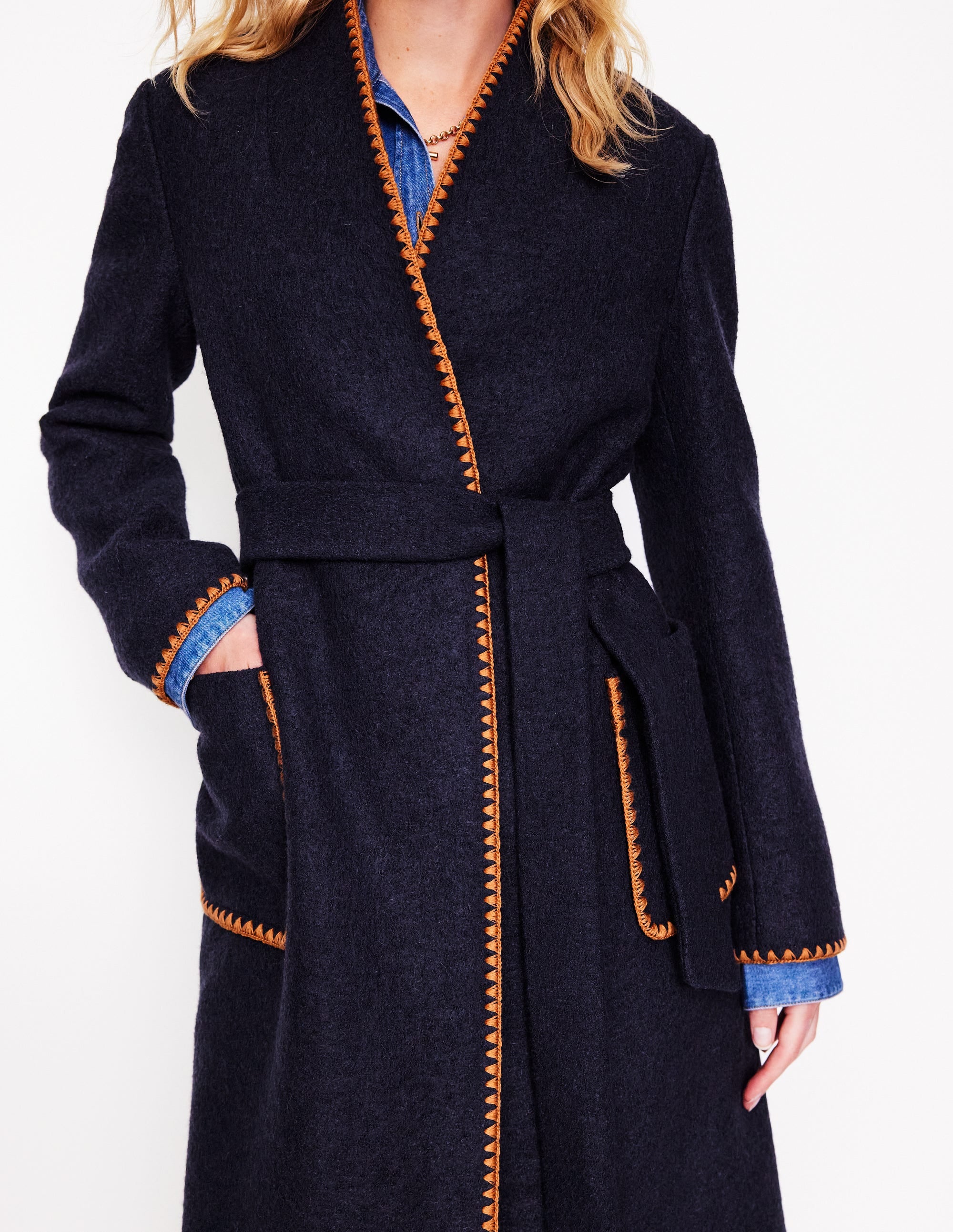 Navy Blanket Stitch Wrap Coat - Soft Warm Winter Coat for Women, Perfect for Outdoor Activities & Cozy Home Wear