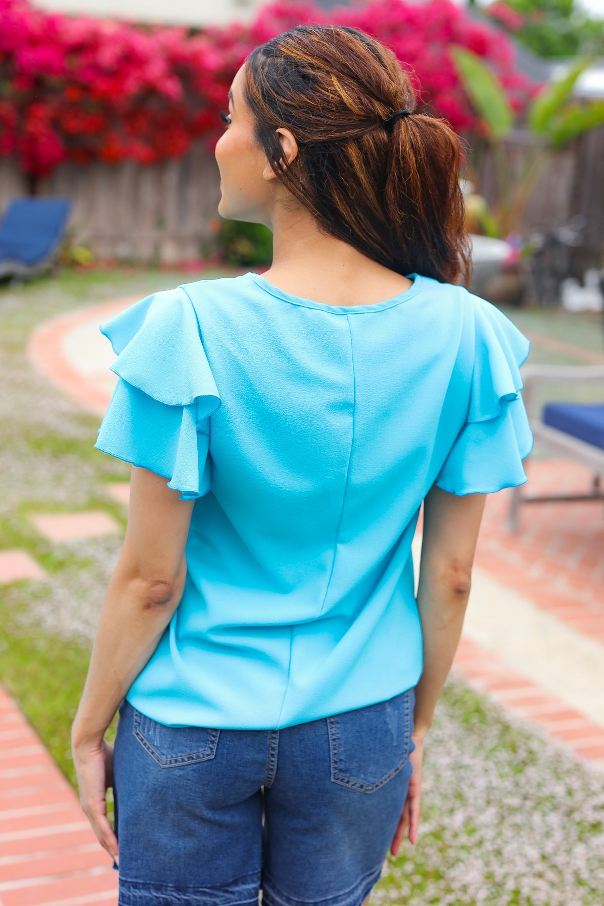 Stylish Blue Tiered Double Ruffle Sleeve Woven Top for Women | Casual & Party Wear | Perfect for Dates, Office & Summer Outfits