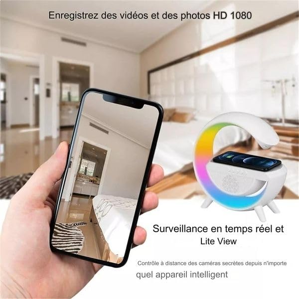 Eurowebbiz 4K Wireless Spy Camera Lamp with Induction Charger & Bluetooth Speaker - Modern Multifunctional Device for Smartphone & Tablet - Perfect for Home Security, Office Monitoring & Smart Charging