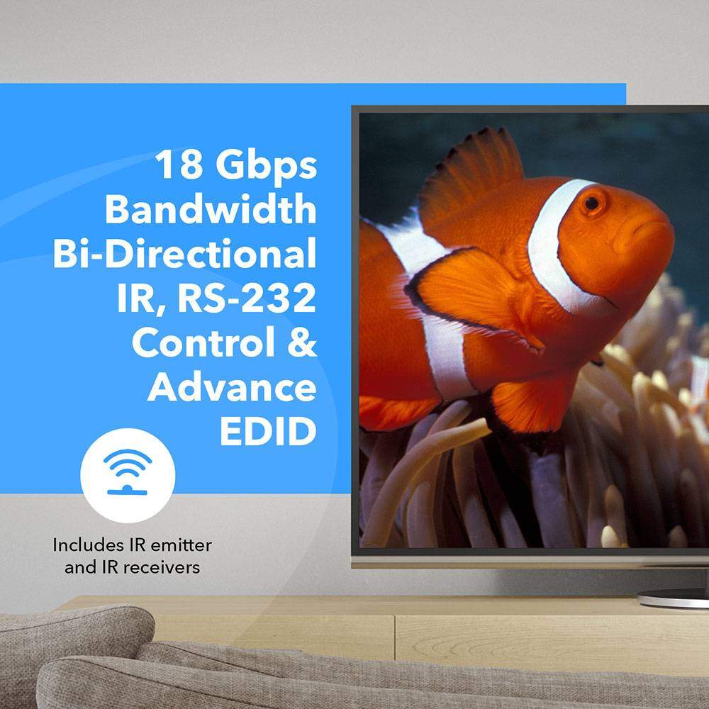 1x2 4K HDMI Extender Splitter Over Single CAT6/7 Cable - Up to 230ft, 18Gbps, Bi-Directional IR, RS-232, EDID - IPColor Technology - Perfect for Home Theater, Conference Rooms & Gaming Setups