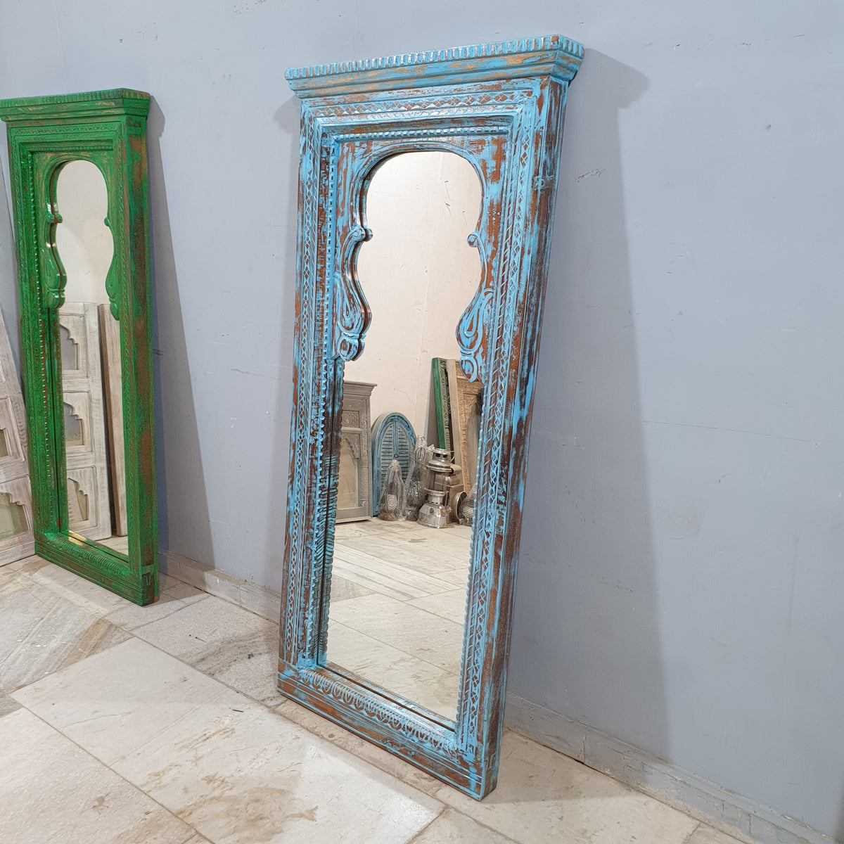 Handmade Indian Wooden Mirror Frame - Rustic Blue Carved Design, 70x150 cm - Perfect for Boho Home Decor, Living Room & Bedroom Wall Art