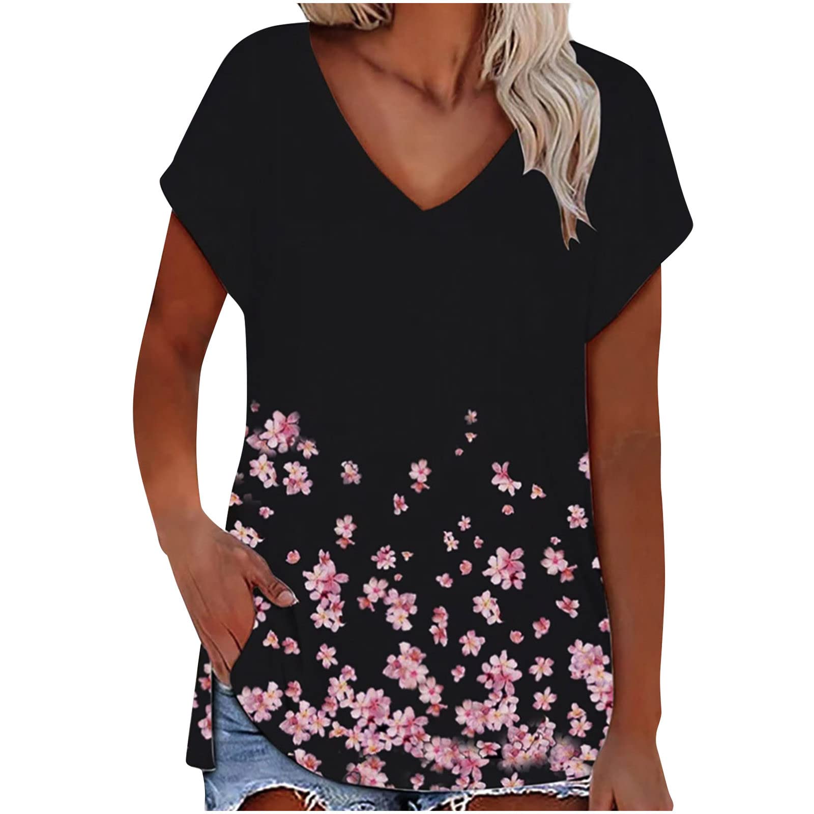 Women's Floral Print V-Neck Short Sleeve T-Shirt - Loose Fit Casual Summer Top for Going Out | Fashion Graphic Tee for Beach, Vacation & Everyday Wear
