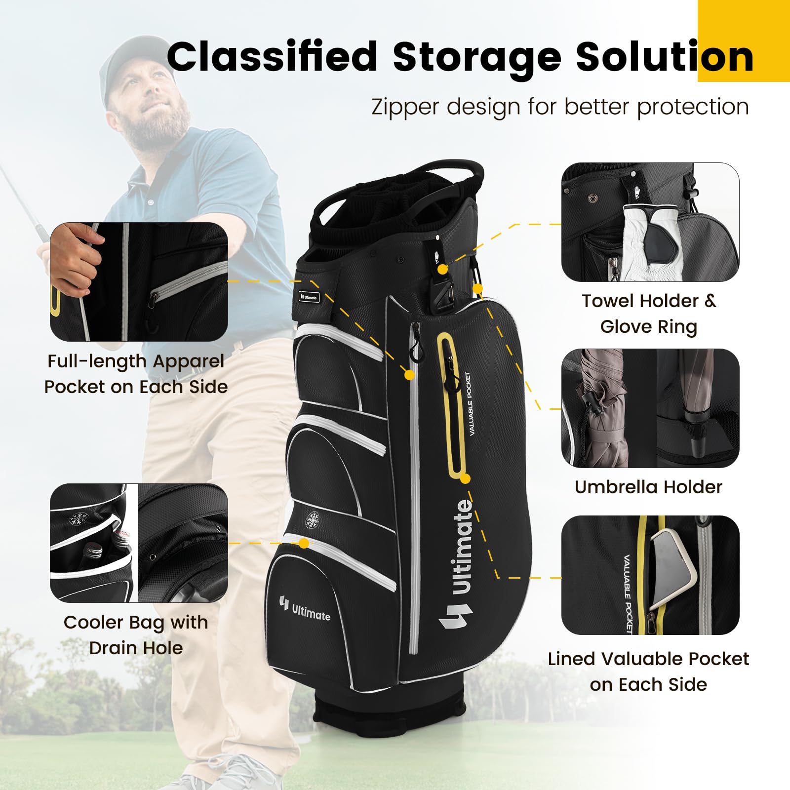 Goplus 15-Way Top Divider Golf Cart Bag with 7 Zippered Pockets, Cooler Compartment, Rain Hood & Umbrella Holder - Lightweight Golf Club Bag for Men & Women - Perfect for Golf Course, Driving Range & Tournament Play