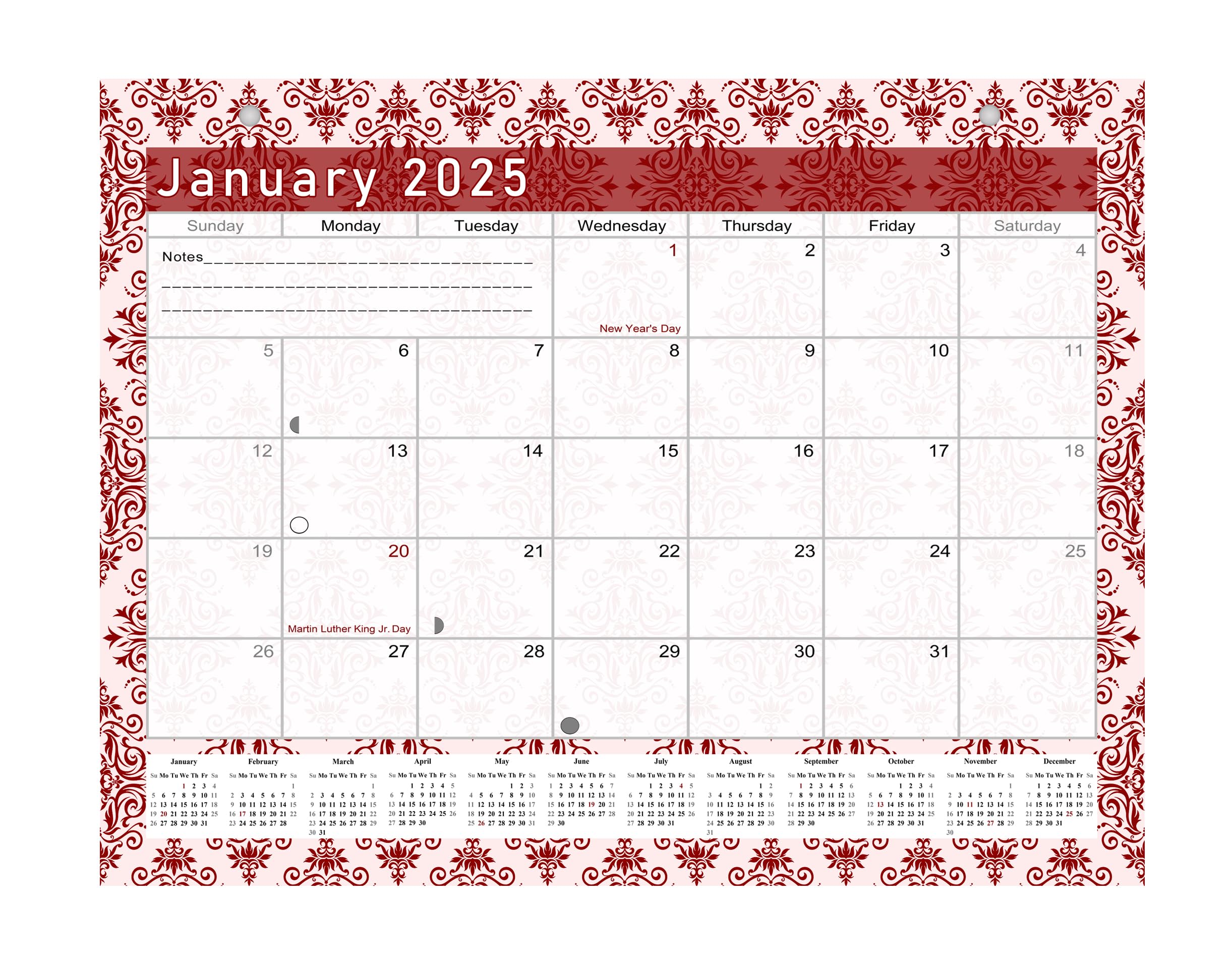 2024-2025 18-Month Magnetic & Desk Calendar Planner - Elegant Damask Design (#23-05) for Office, Home & School Organization | Wall or Desktop Use