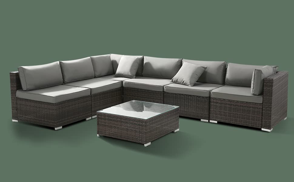 7-Piece All-Weather PE Rattan Outdoor Sectional Sofa Set with Grey Washable Cushions & Glass Coffee Table - Patio Furniture for Garden, Balcony, Poolside & Backyard Relaxation