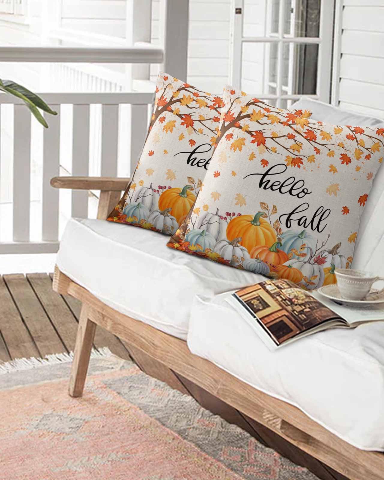 Waterproof Outdoor Throw Pillows - Set of 2 Fall Maple Leaf & Pumpkin Design Thanksgiving Decorative Pillows with Insert - Vintage Linen Cushion Covers for Patio, Garden, Sofa & Farmhouse Decor (Perfect for Autumn Outdoor Gatherings & Cozy Home Accents)