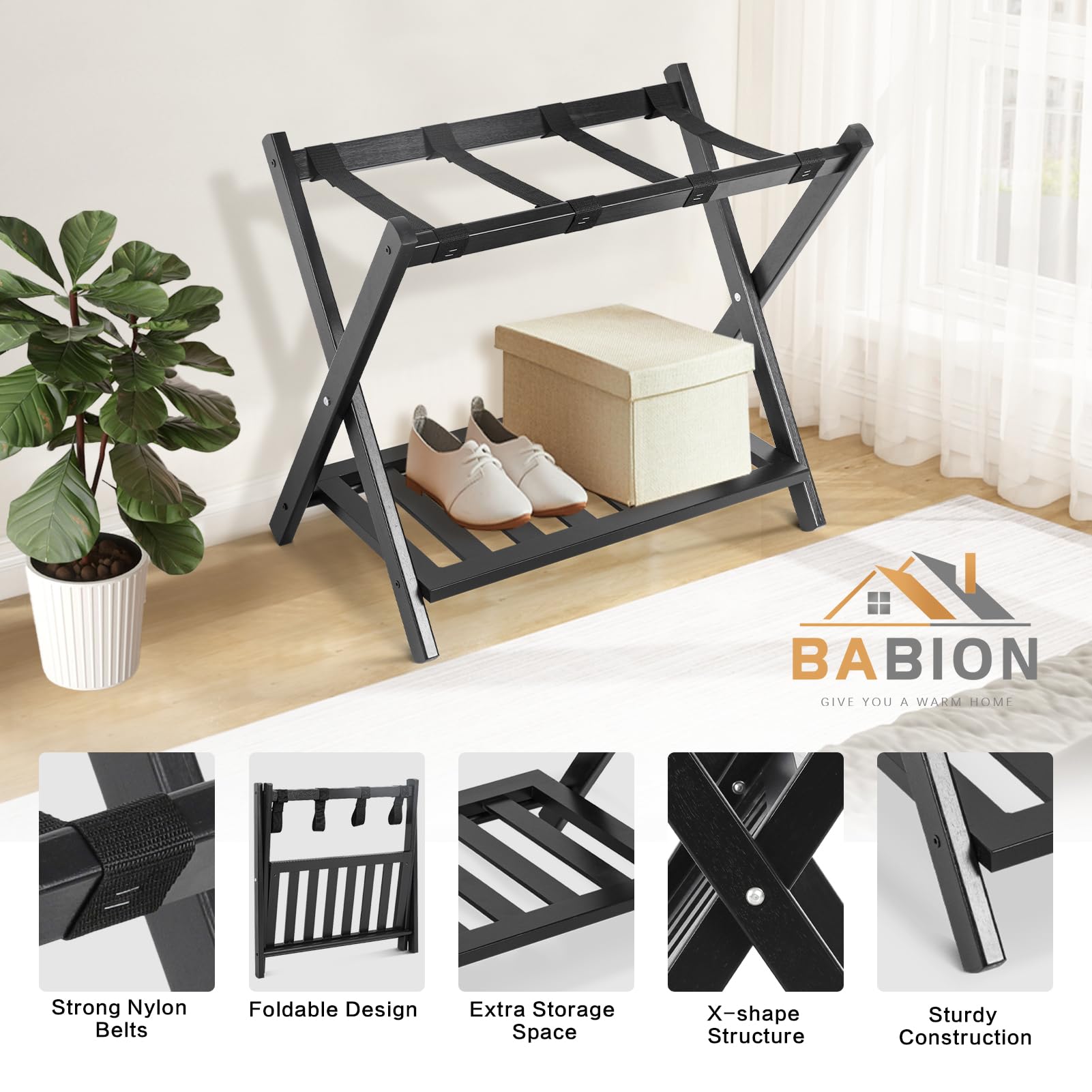 Heavy Duty Wooden Folding Luggage Rack with Shelf - 2 Tier Suitcase Stand with Nylon Belts, Space-Saving Foldable Bag Holder for Bedroom, Guest Room & Closet - 2 Pack - Perfect for Travel Storage & Suitcase Organization