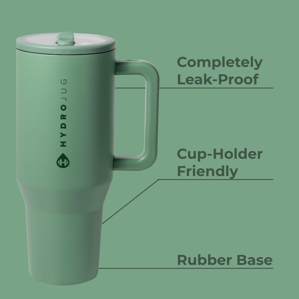 HydroJug Traveler - 40 oz Insulated Stainless Steel Water Bottle with Handle & Flip Straw - Leak Proof, Fits in Cup Holder, Reusable Tumbler with Rubber Base - Perfect Gift for Men & Women (Sage Green) - Ideal for Gym, Hiking, Office & Outdoor Activities