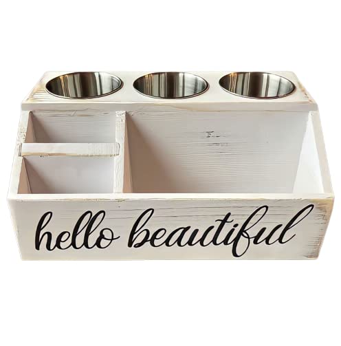 Rustic Wood Farmhouse Bathroom Organizer - Makeup & Hair Tool Tray for Vanity Counter - 12