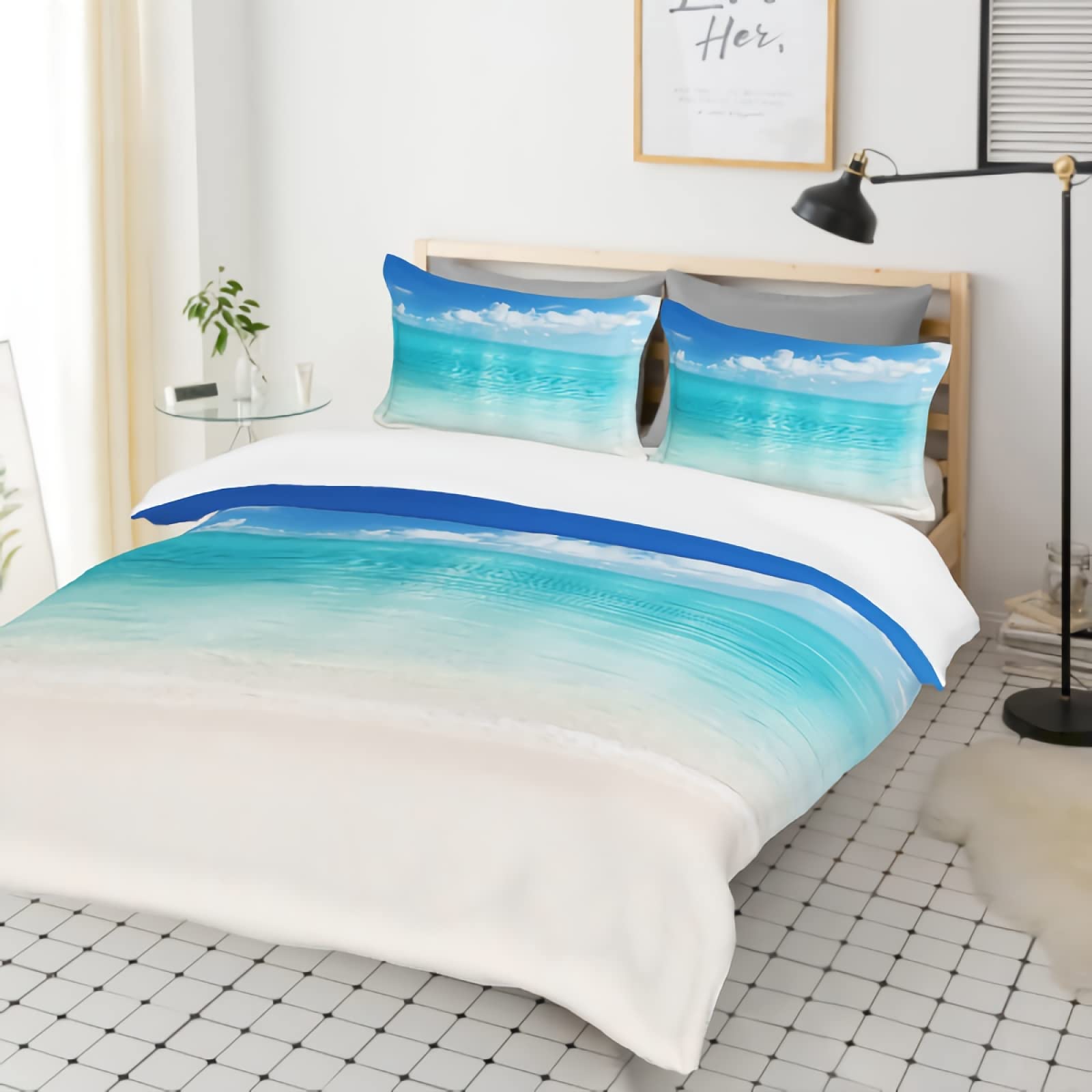 GREDBH Blue Ocean Microfiber Quilt Cover Set - Queen Size Duvet Cover with 2 Pillowcases (Comforter & Pillow Inserts Not Included) | Soft Bedding for Home, Hotel & Guest Room Decor