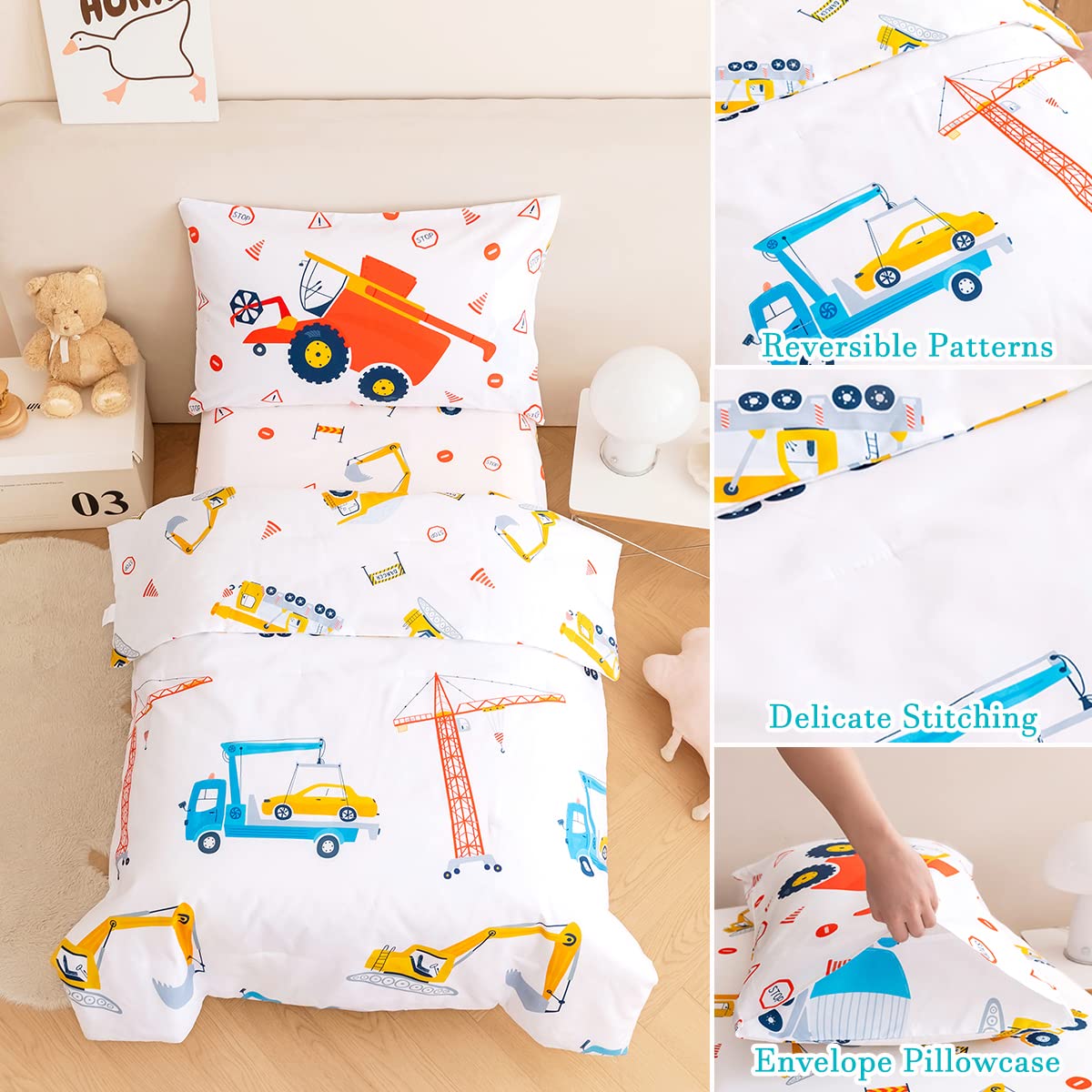 PERFEMET 4-Piece Construction Toddler Bedding Set - Excavator & Truck Themed Reversible Comforter for Boys, All-Season Crib Bedding (White, Truck/Tractor) - Perfect for Nursery, Daycare & Toddler Rooms