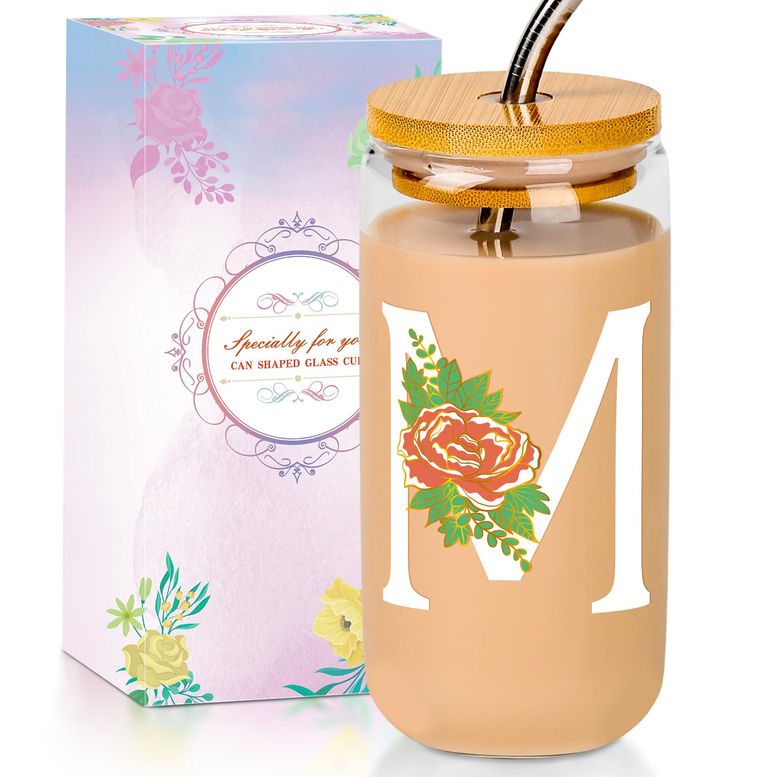 Personalized 16oz Color-Changing Glass Tumbler with Lid & Straw - Monogrammed Iced Coffee Cup for Women, Mom - Perfect Christmas, Thanksgiving & Birthday Gifts - Great for Office, Home & Travel Use