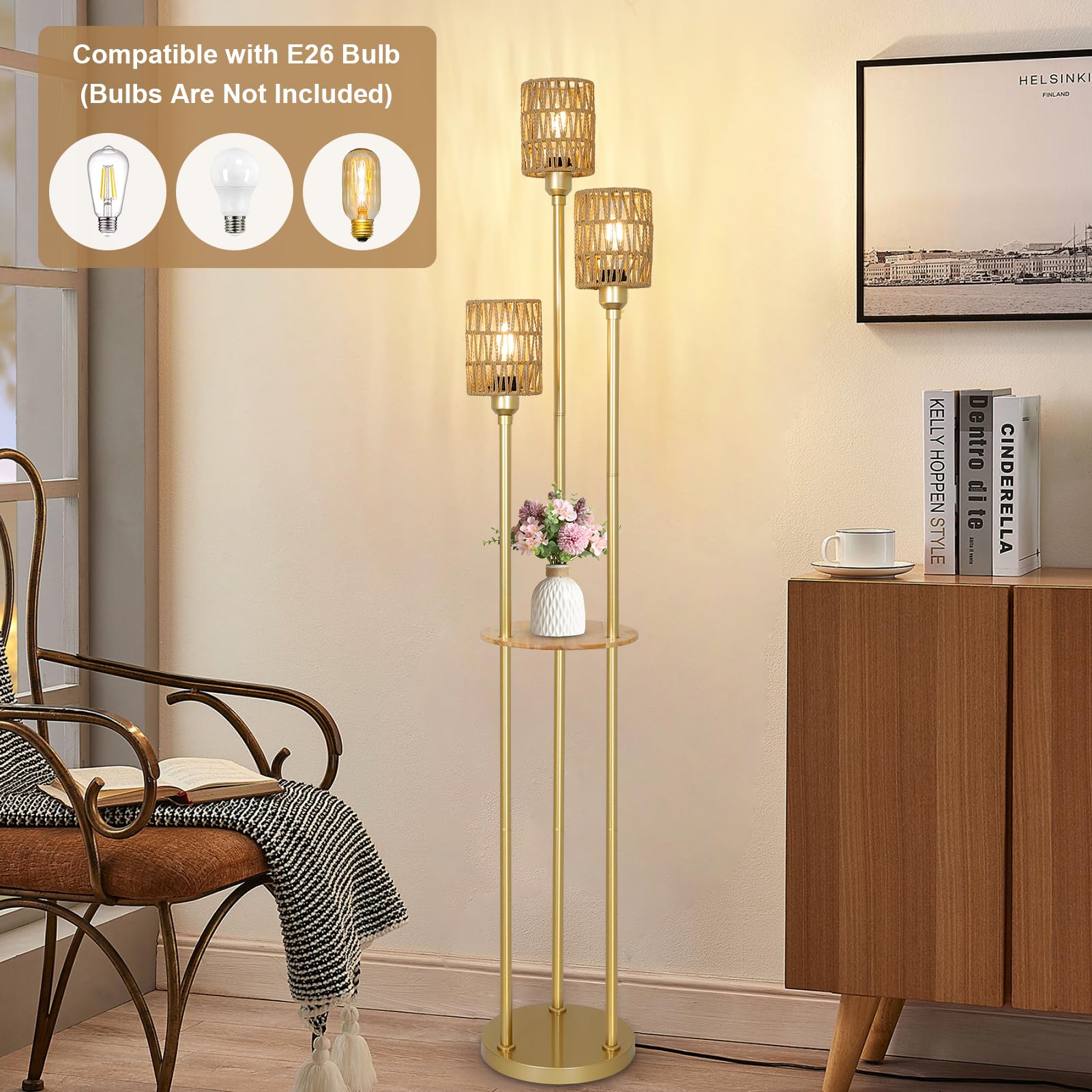 Boho 3-Light Farmhouse Floor Lamp with Shelves & Rattan Shades - Gold Modern Standing Lamp with Foot Switch for Living Room, Bedroom, Office - Perfect for Reading Nook, Cozy Corner & Home Decor