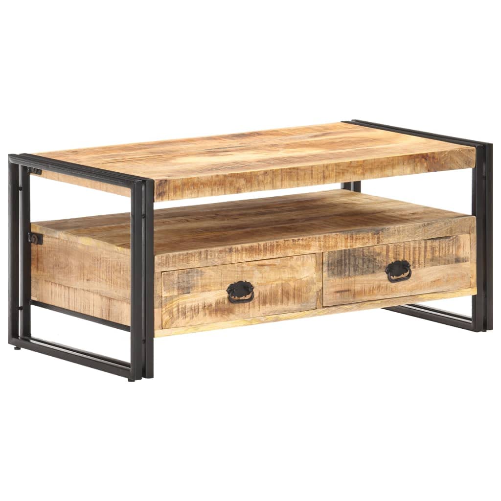 Industrial Mango Wood Coffee Table with Steel Legs & 2 Drawers - Living Room Centerpiece