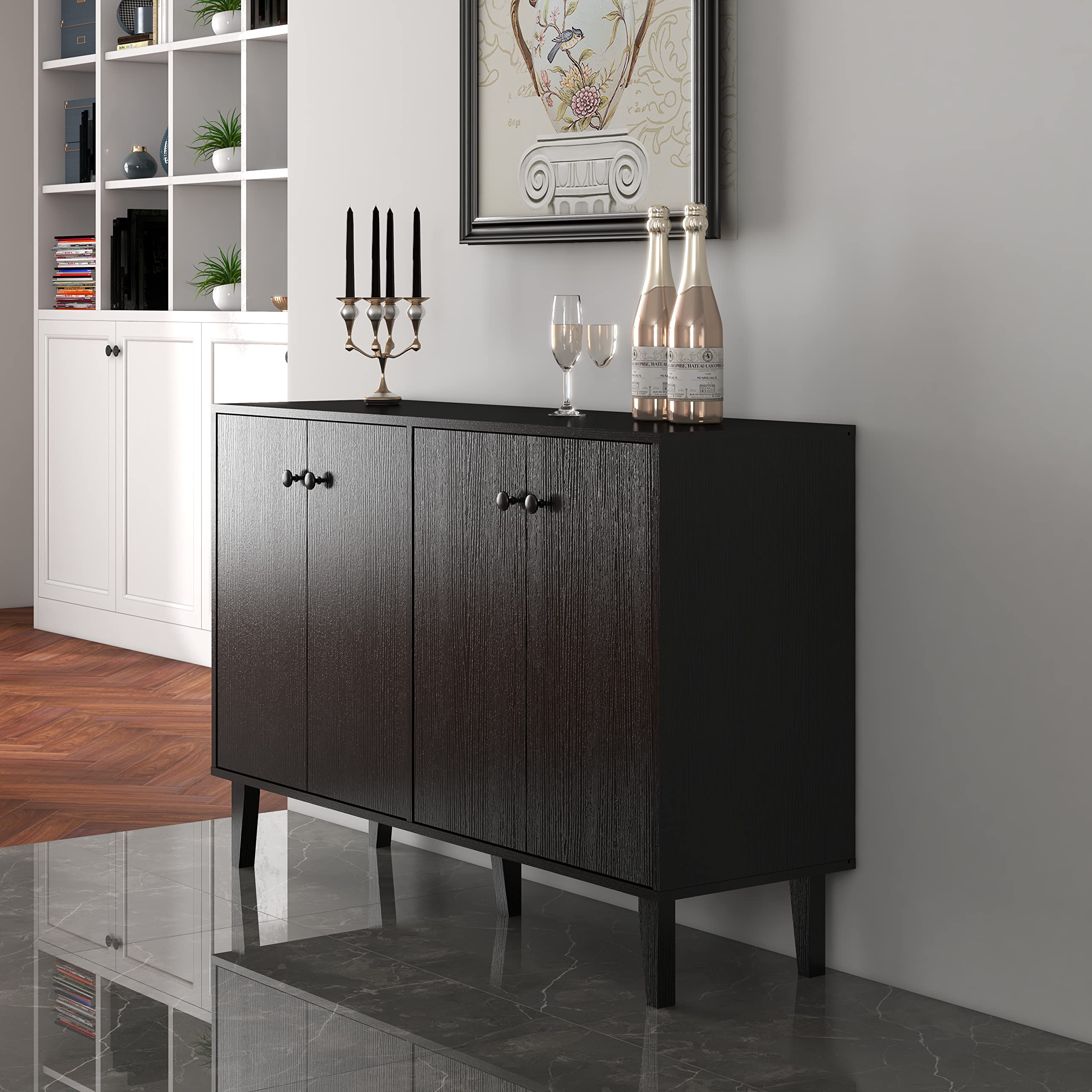 Panana Sideboard Buffet Cabinet - 4 Door Kitchen Storage & Living Room Console Table in Black | Perfect for Dining Room Organization & Entryway Decor