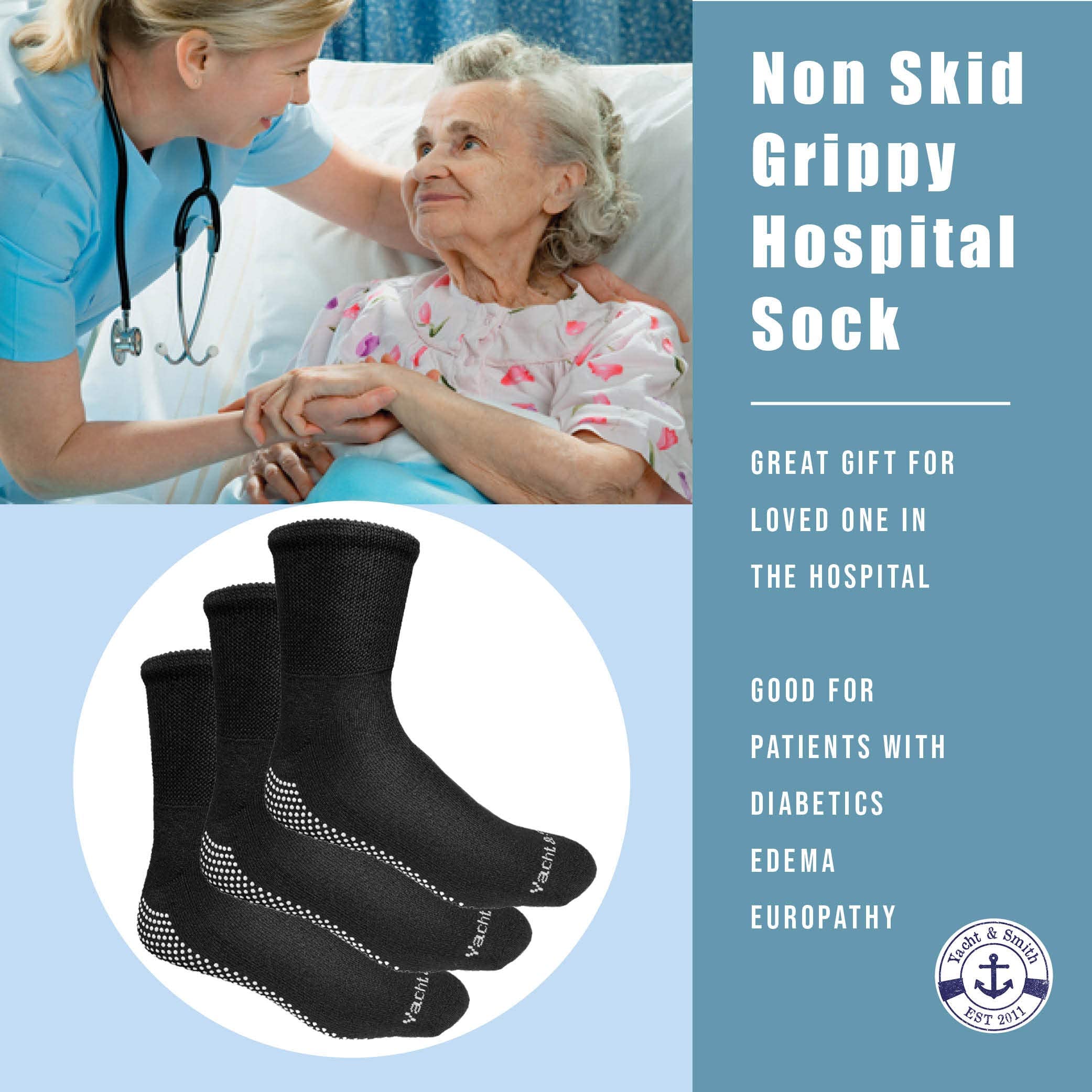 Yacht & Smith Non-Skid Diabetic Socks - Loose Fit Gripper Bottom Black Slipper Socks for Men & Women | Hospital & Home Use | Wholesale Bulk Pack